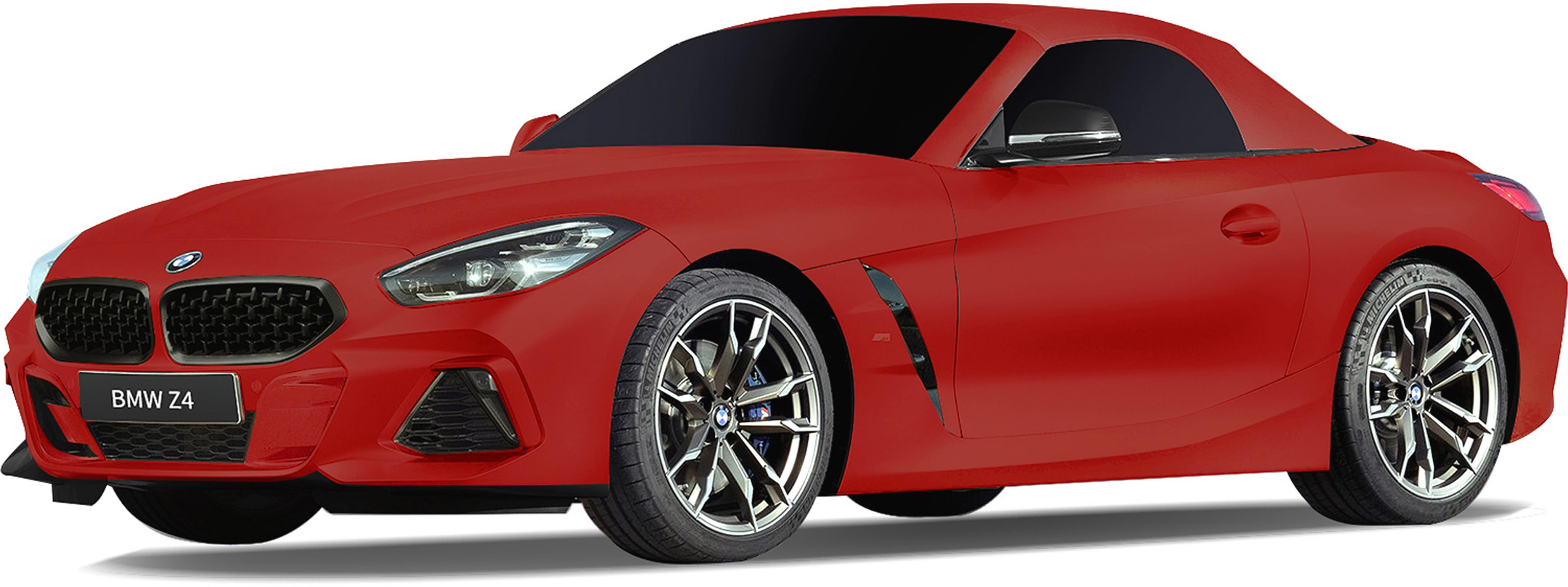Ein roter BMW Z4 Roadster mit schwarzem Verdeck und getönten Scheiben.