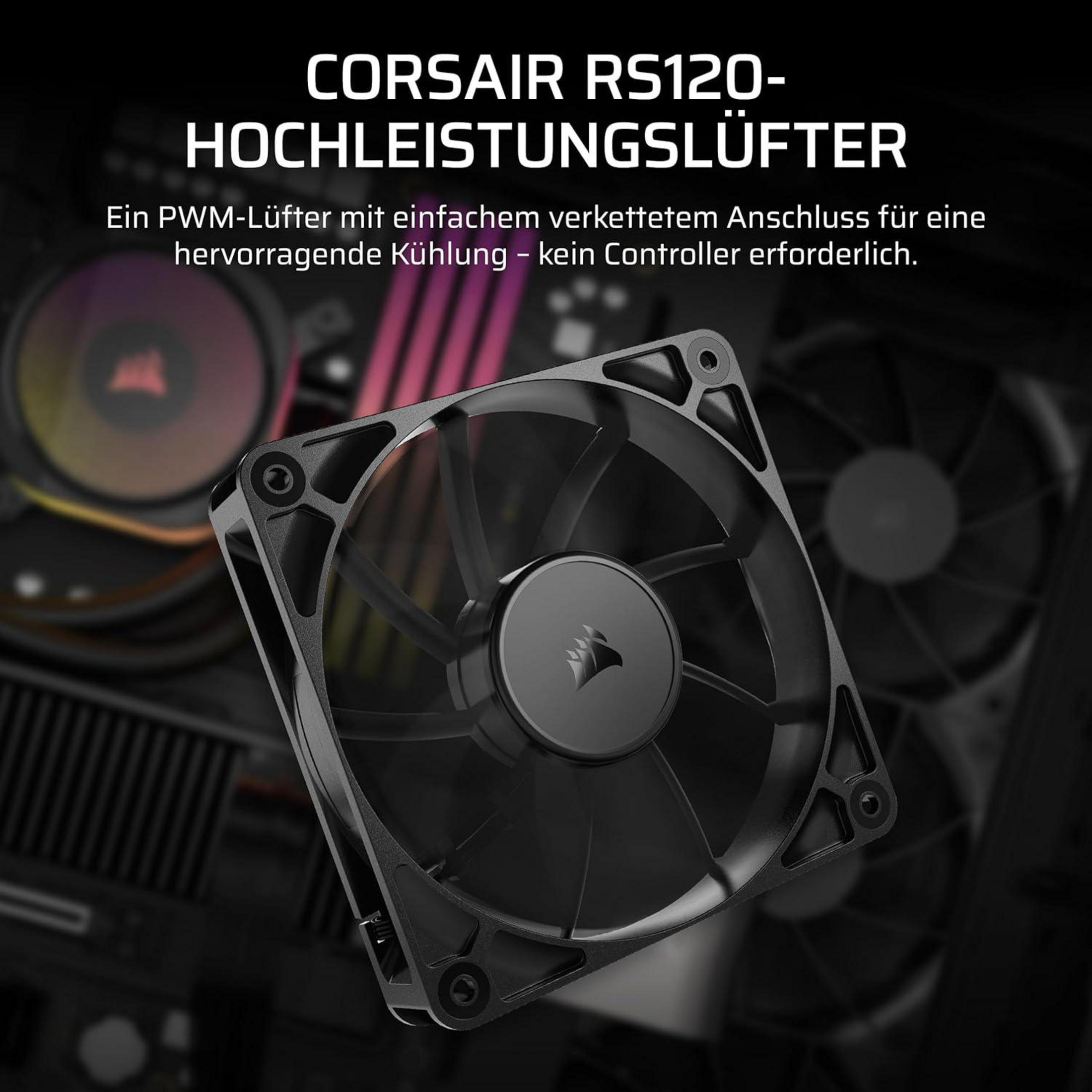 Schwarzer Corsair Lüfter mit silbernen Halterungen und RGB-Beleuchtung.