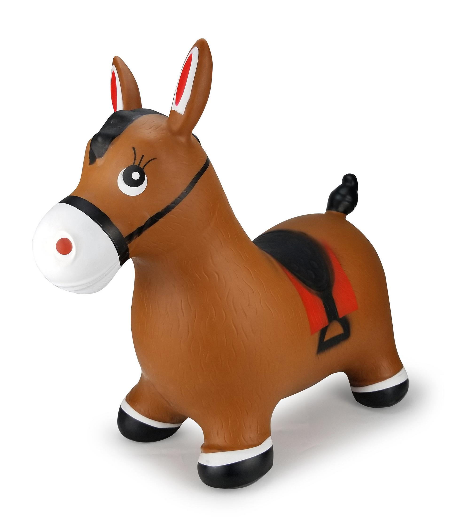 Un cavallo gonfiabile marrone con sella nera e accenti rossi.