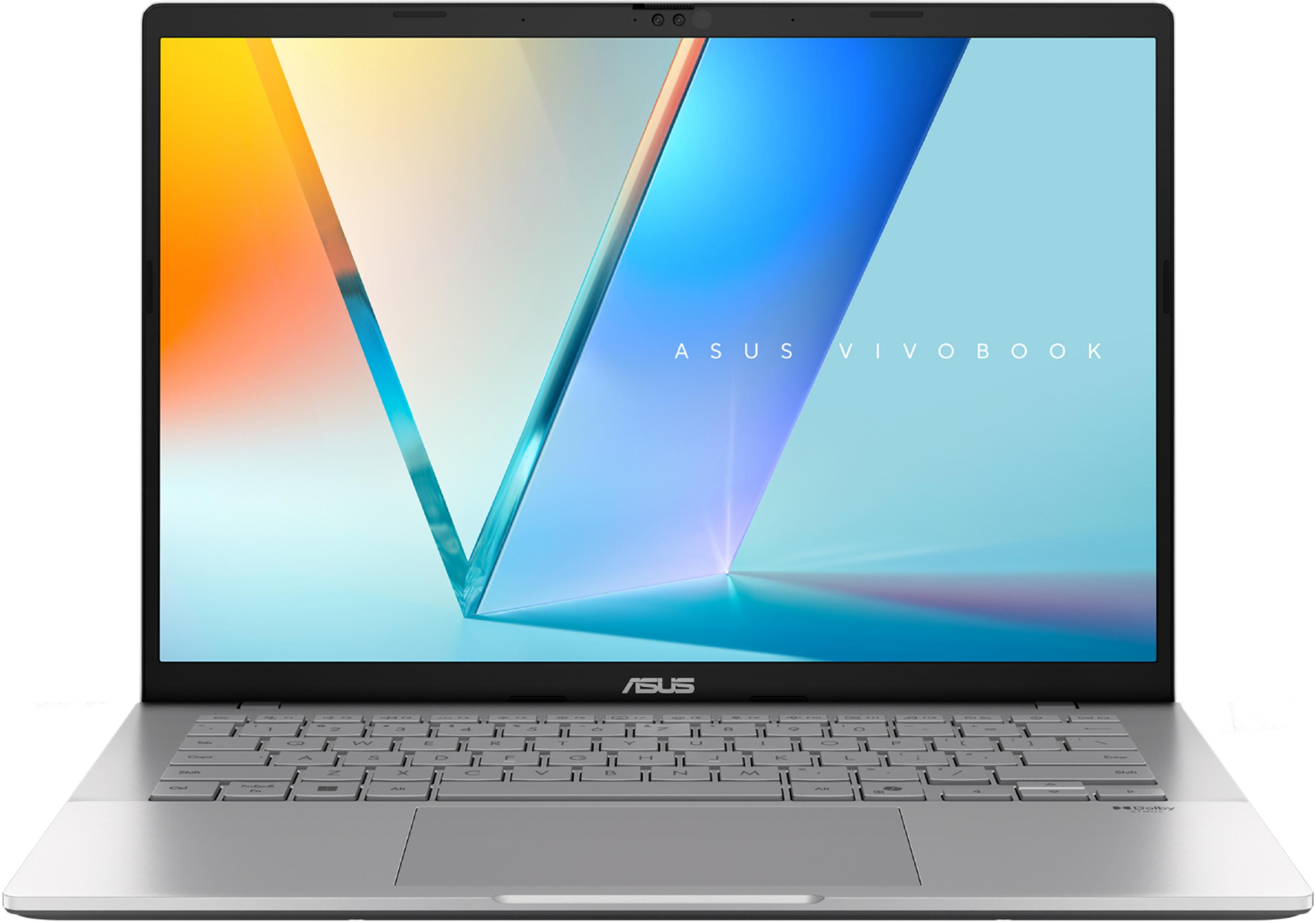 Un portátil Asus Vivobook plateado mostrando un fondo de pantalla colorido.
