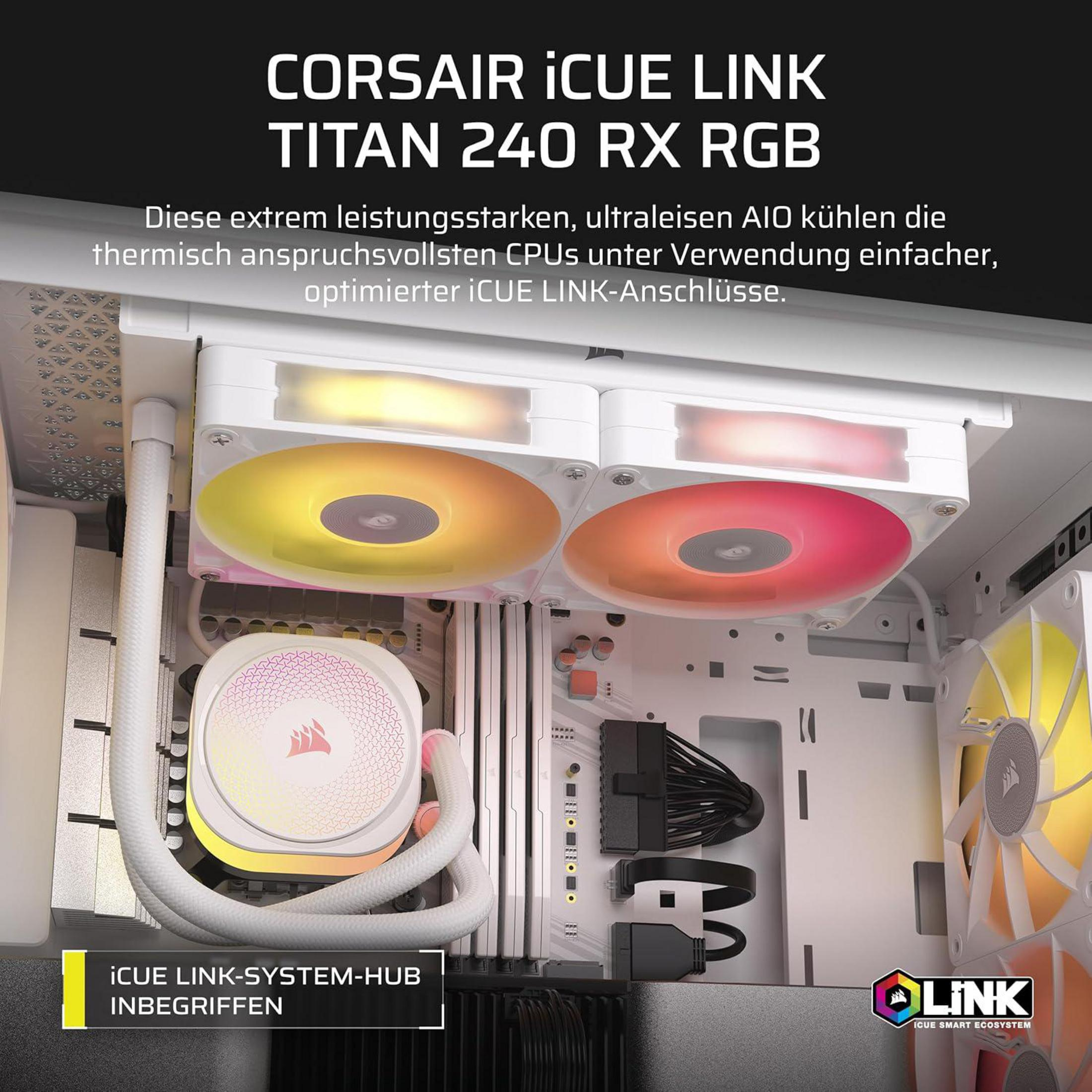 Refroidisseur AIO Corsair iCUE LINK Titan avec ventilateurs RGB et hub.
