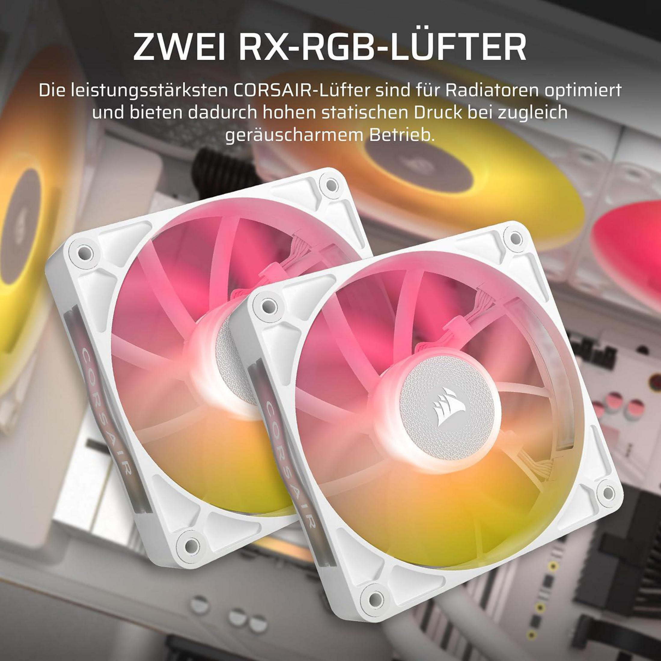 Deux ventilateurs CORSAIR RX-RGB blancs avec effet lumineux rose-jaune.