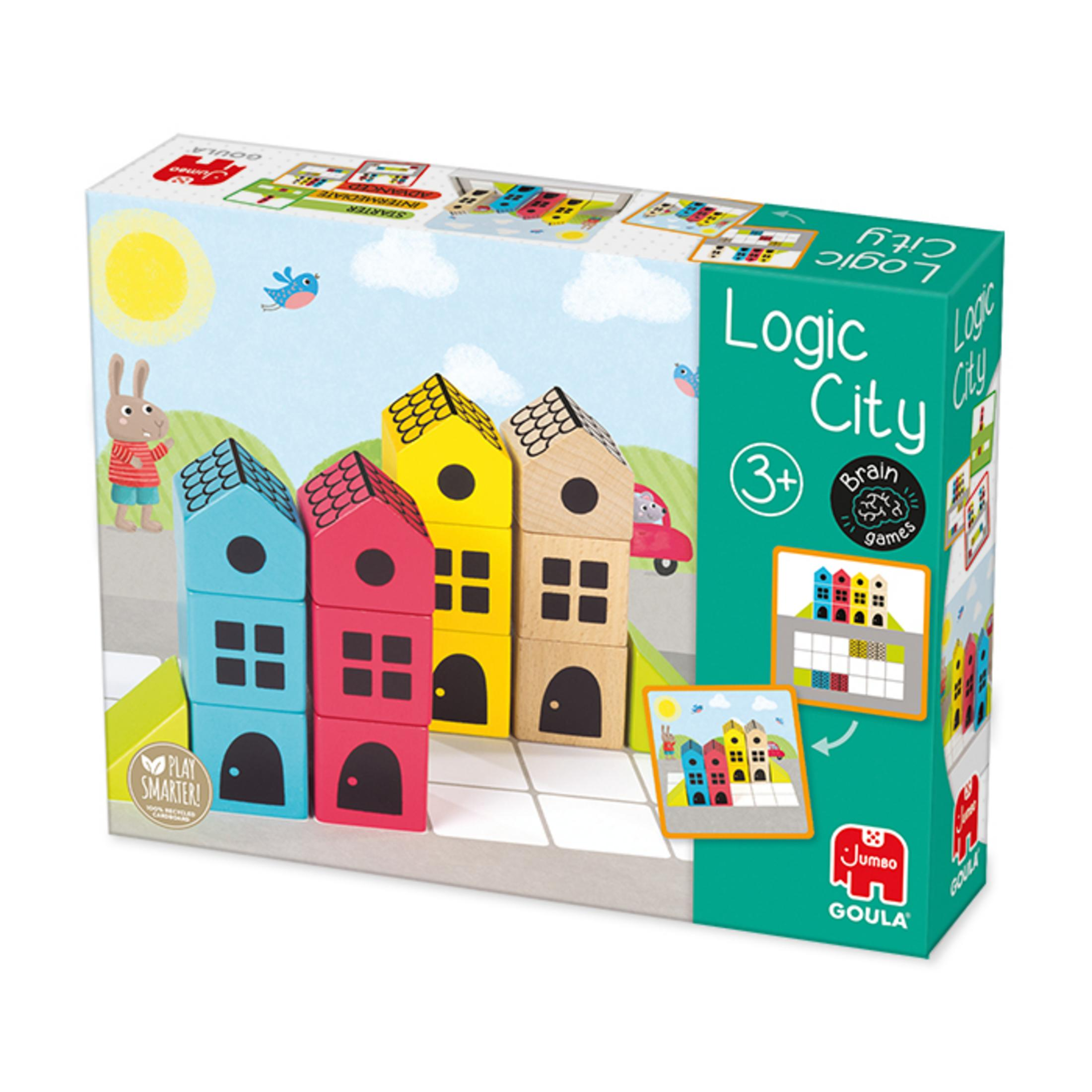 Caja del juego Logic City con casas coloridas, conejo y coche.