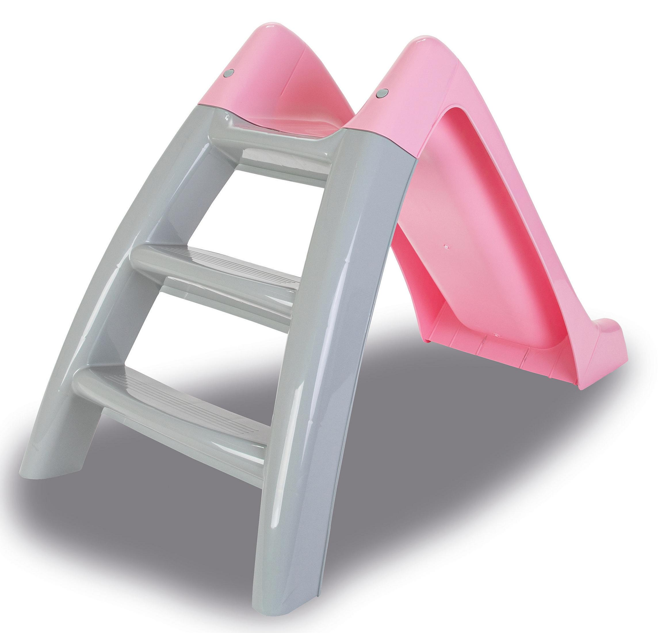 Uno scivolo per bambini rosa e grigio con gradini.