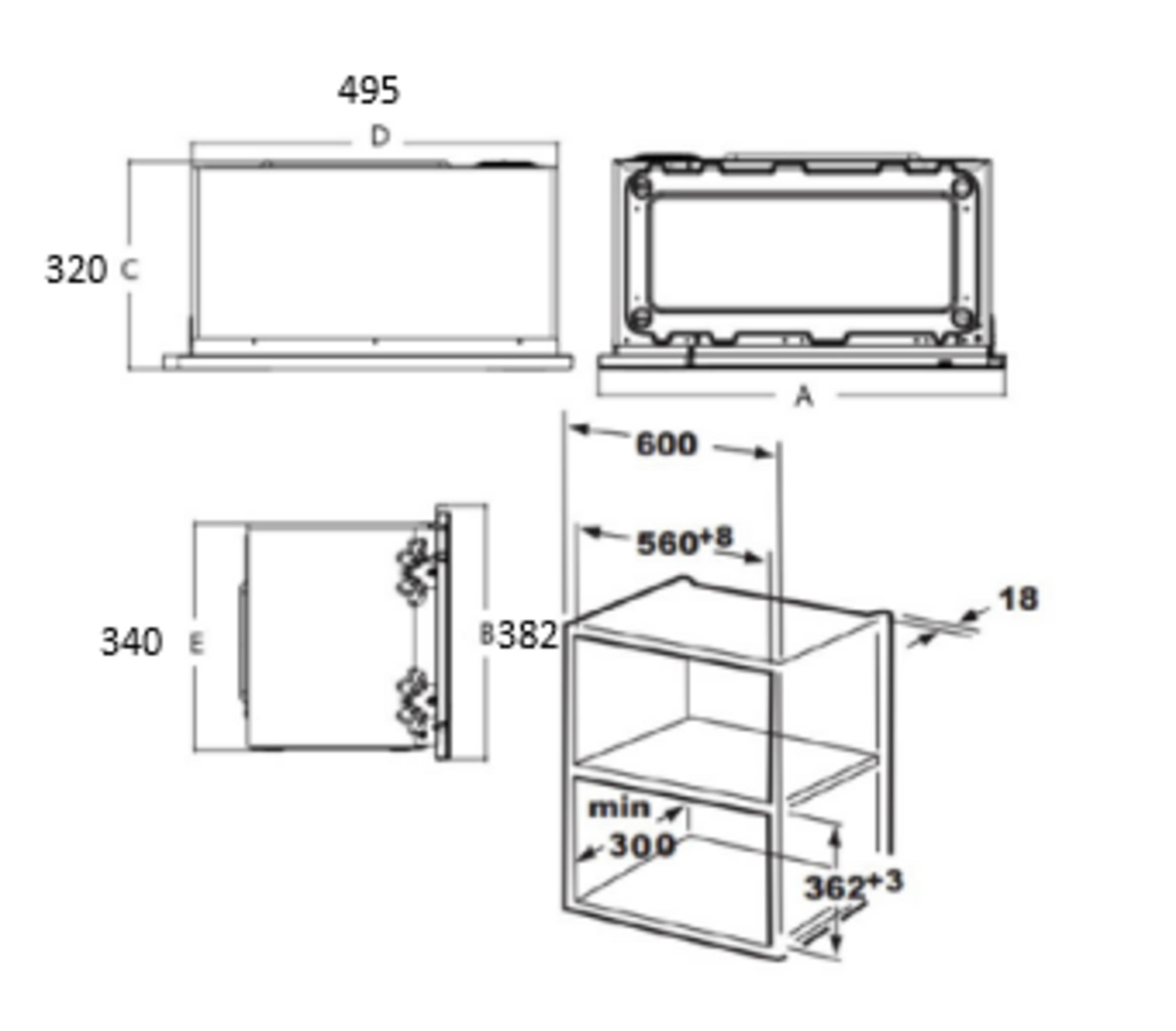 Dibujo técnico con dimensiones para un electrodoméstico. Medidas: 495x320, 340x382, 600x560+8.
