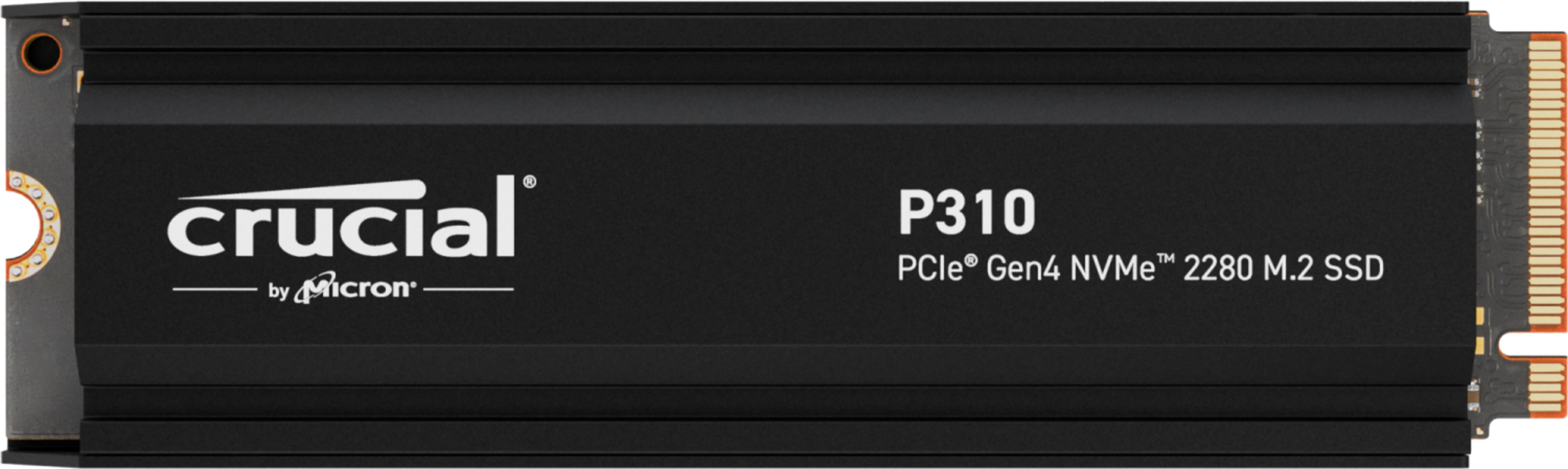 Zwarte Crucial P310 M.2 SSD met koellichaam en PCIe Gen4 connector.
