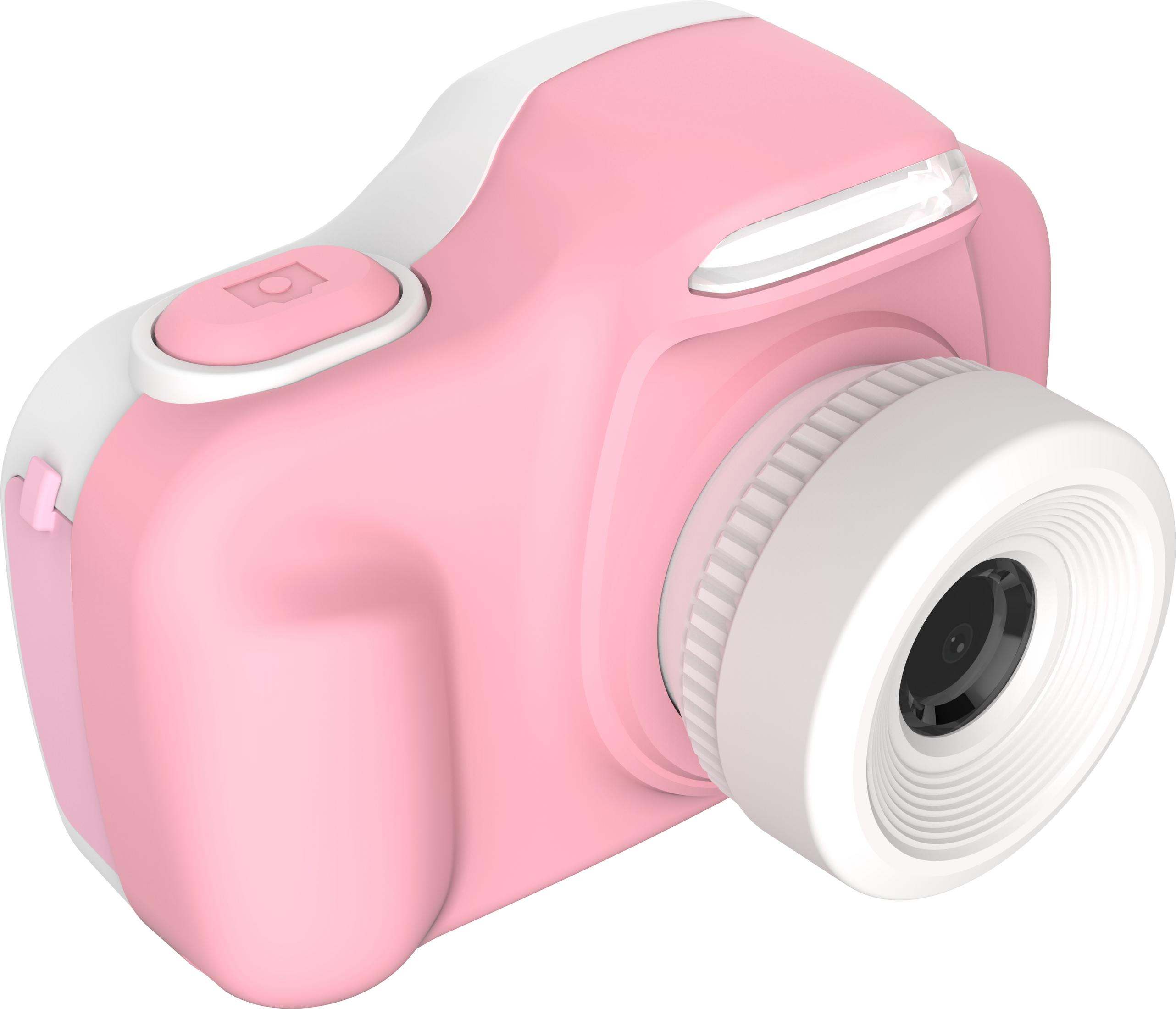 Una piccola fotocamera rosa e bianca con obiettivo e pulsante di scatto.