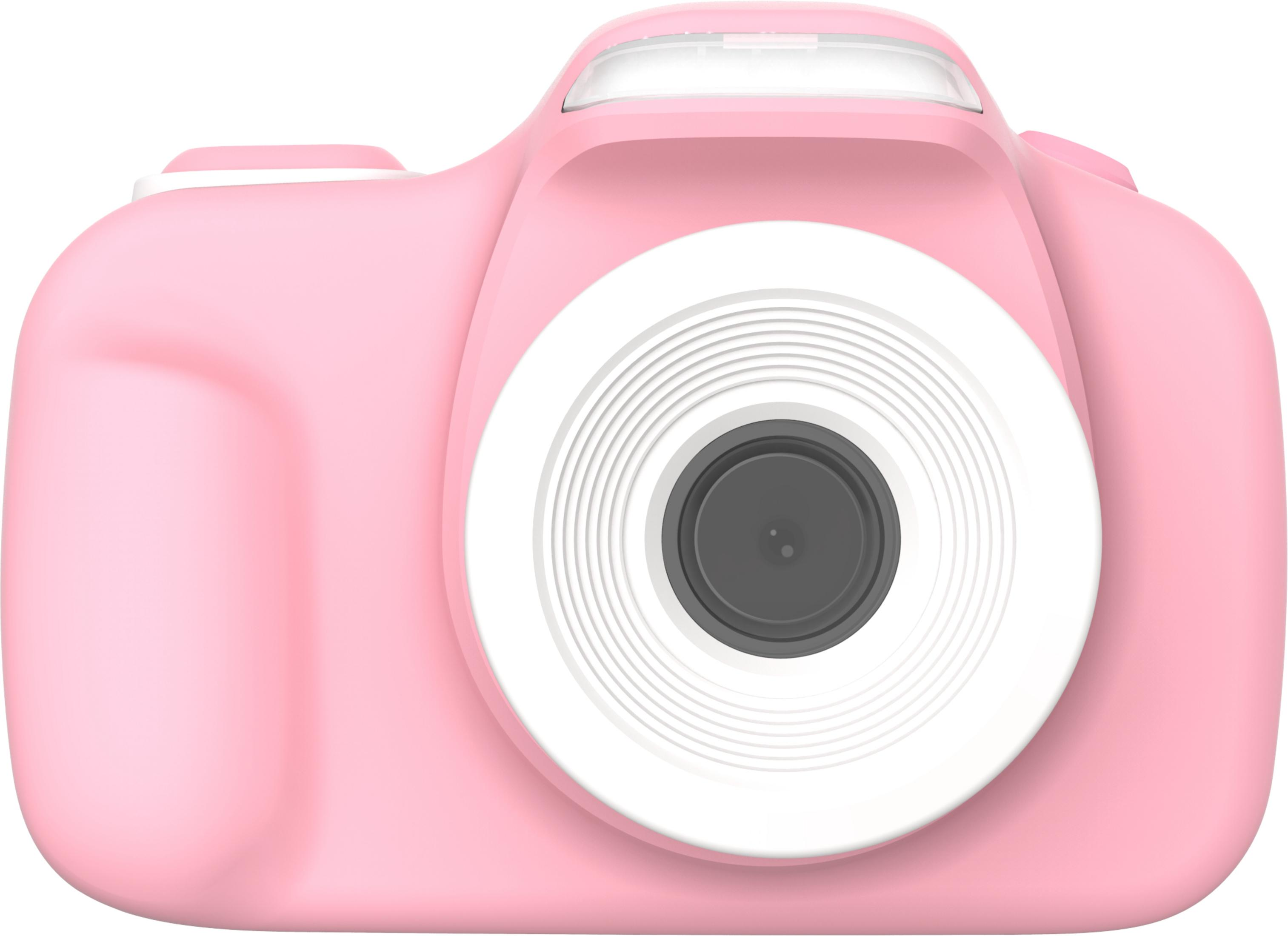 Una fotocamera digitale rosa con ghiera bianca e obiettivo scuro.