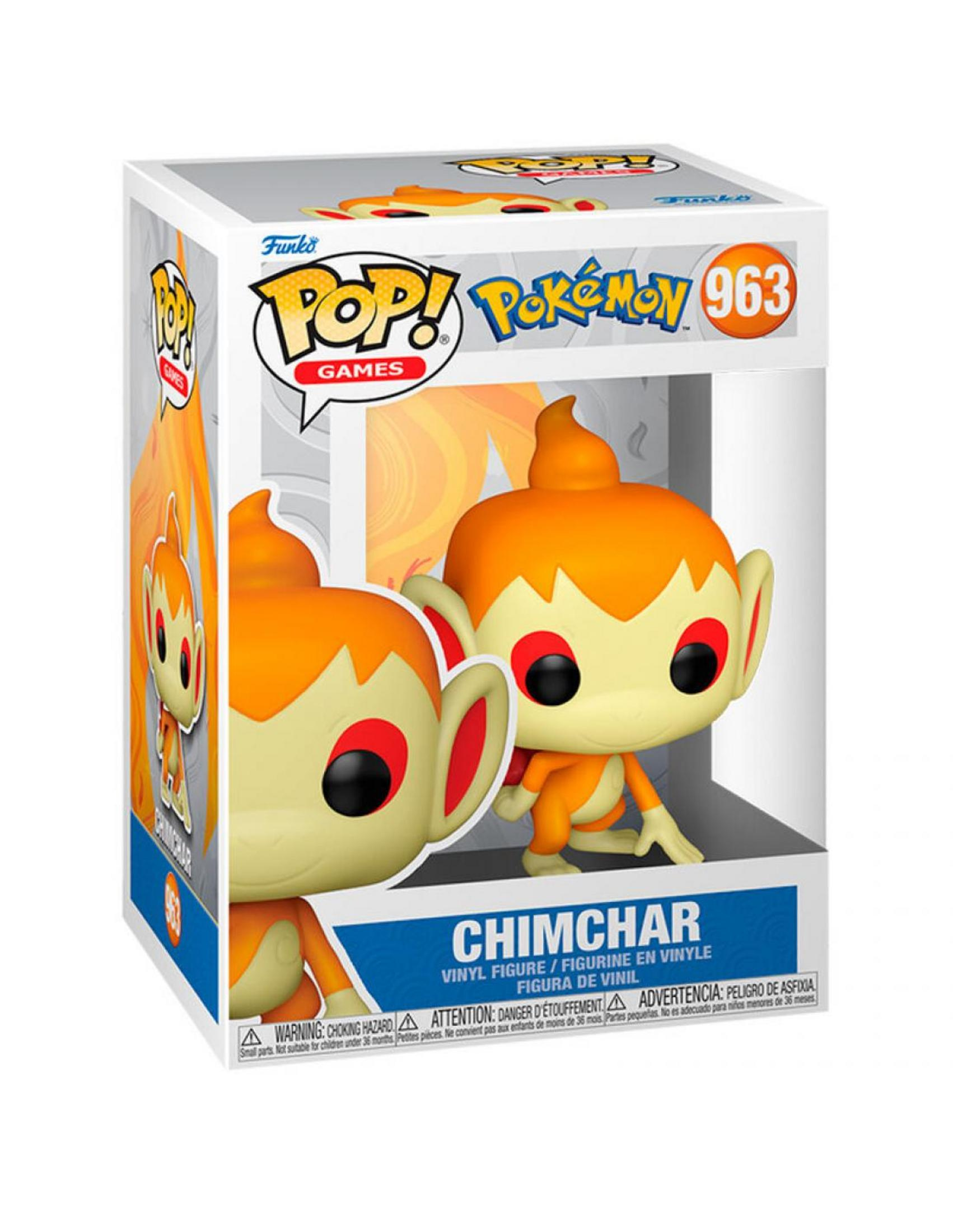 Funko Pop Chimchar Figur in seiner Verpackung. Orange und gelb.