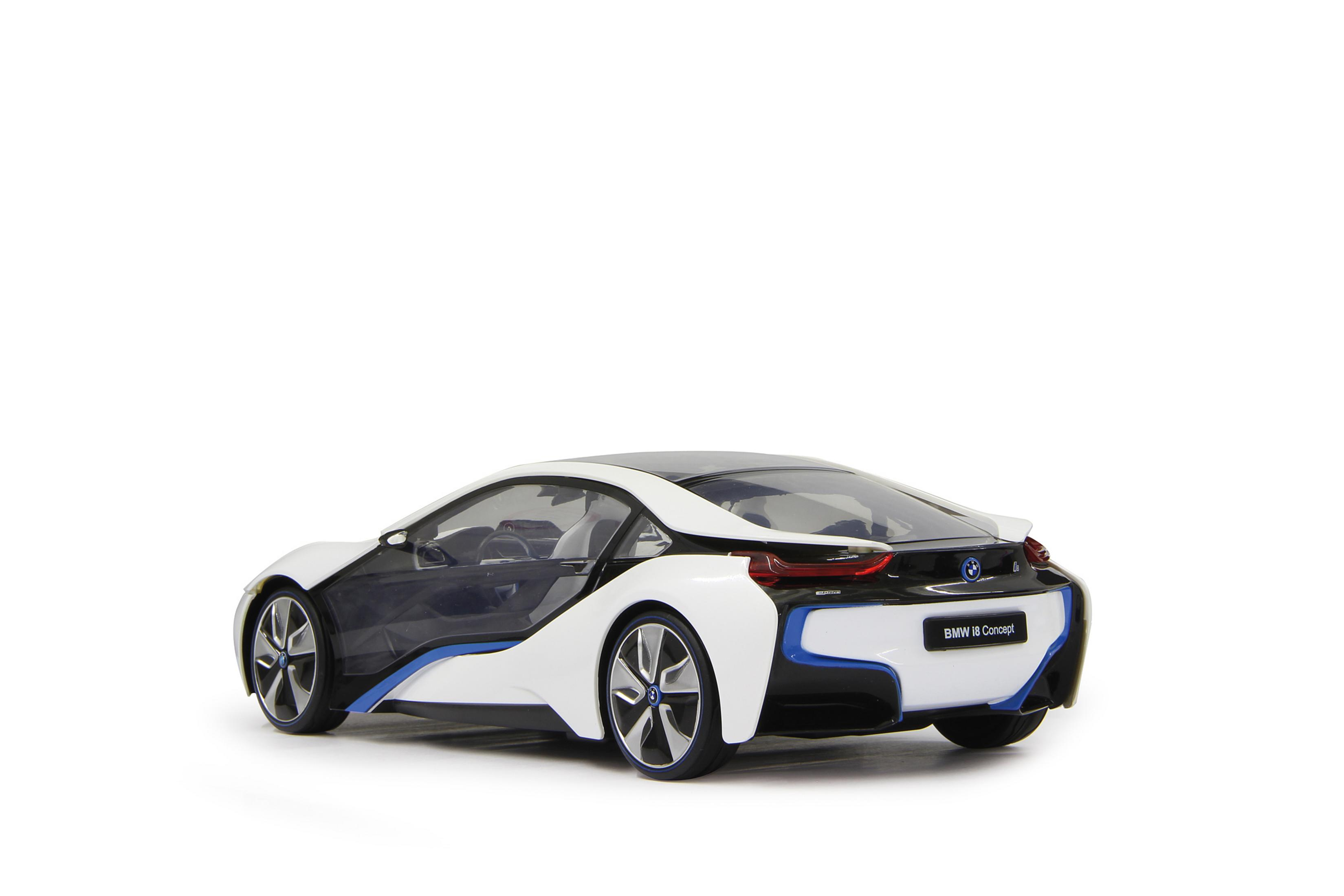Ein weißer BMW i8 Concept mit blauen Akzenten auf weißem Grund.