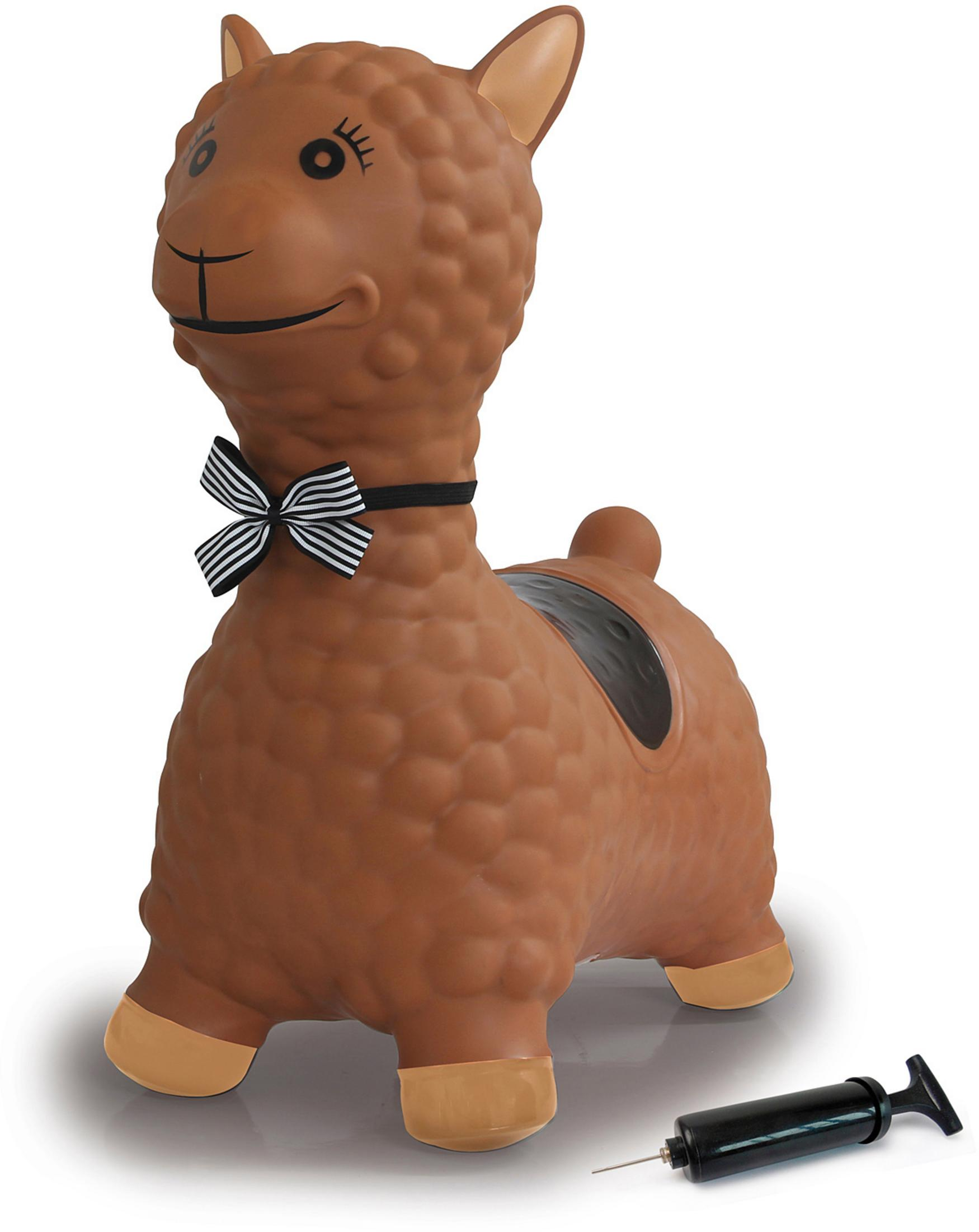 Ein brauner aufblasbarer Lama-Hüpfer mit schwarzer Schleife und Pumpe daneben.