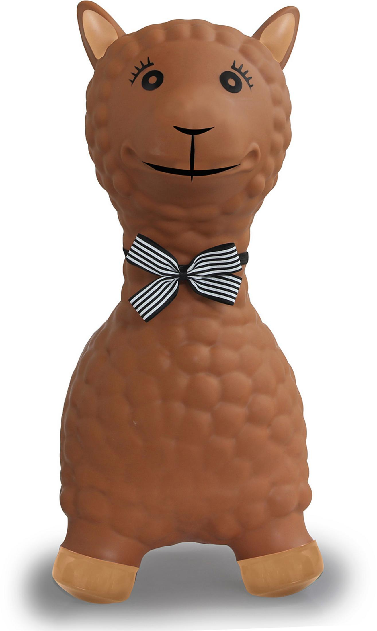 Eine braune Lama-Figur mit schwarzer Schleife und weißen Streifen.