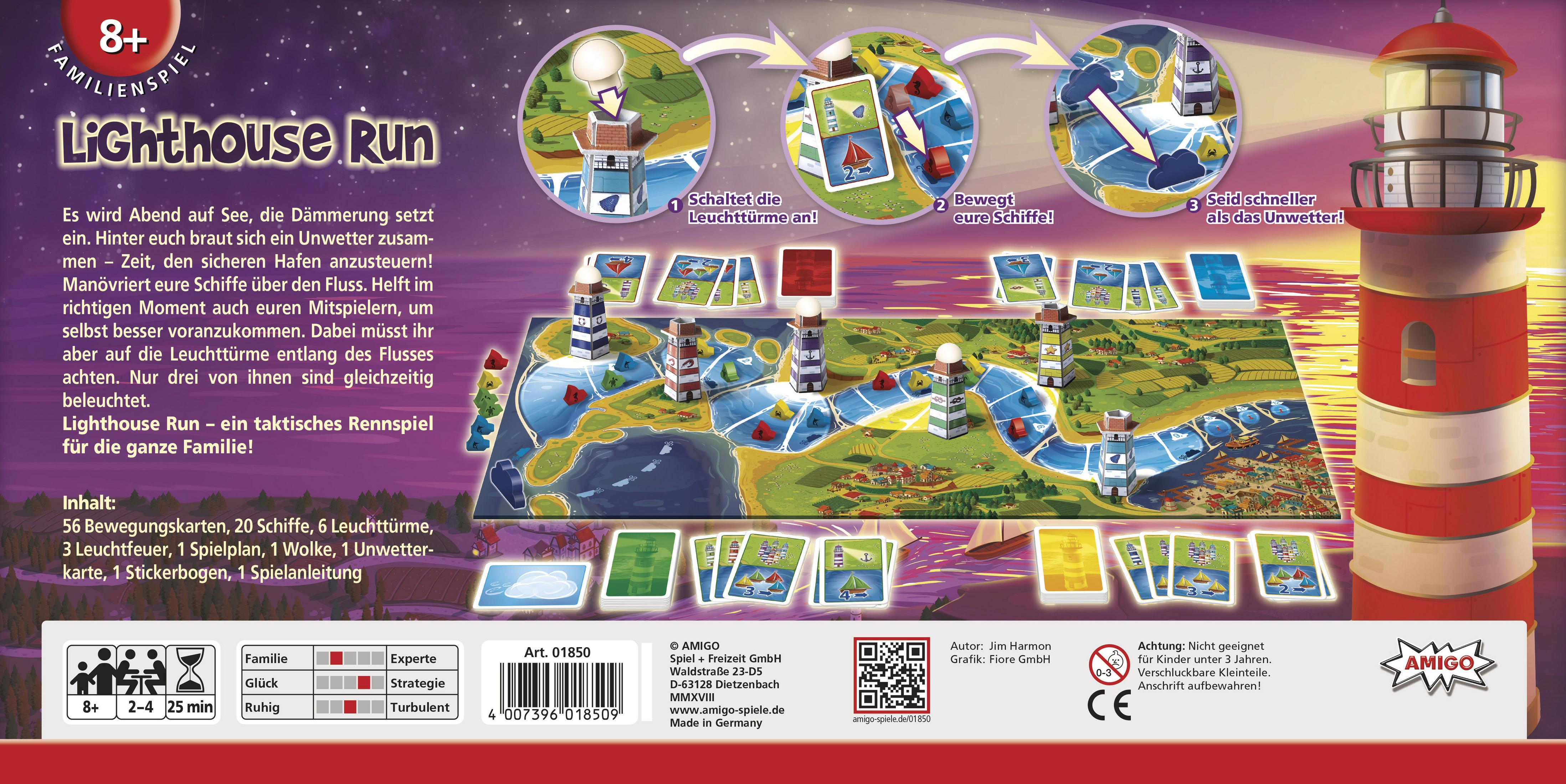 Spielbrett für Lighthouse Run mit Leuchttürmen, Schiffen und Spielkarten.