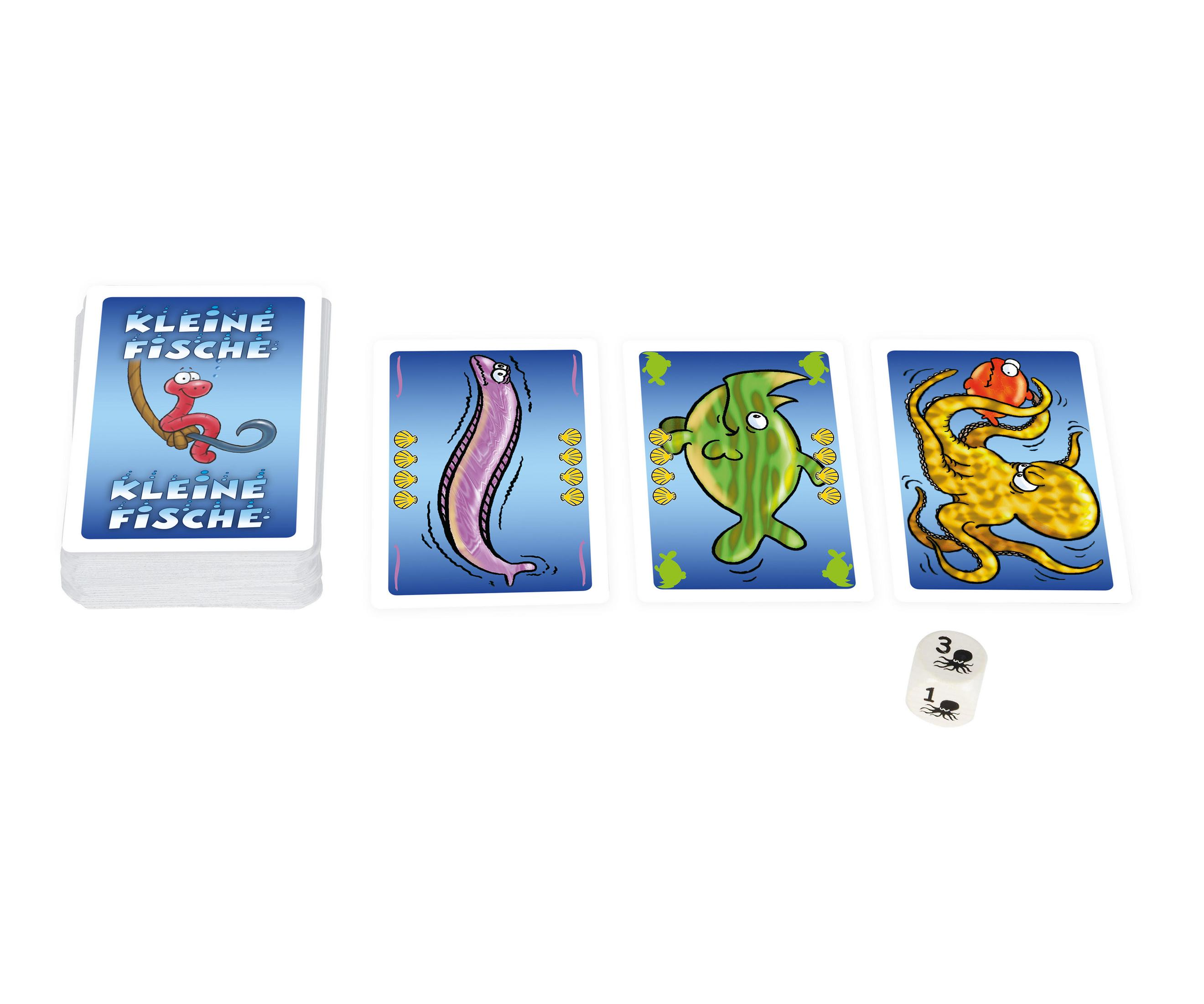 Spielkarten mit Meerestieren und einem Würfel auf weißem Hintergrund.