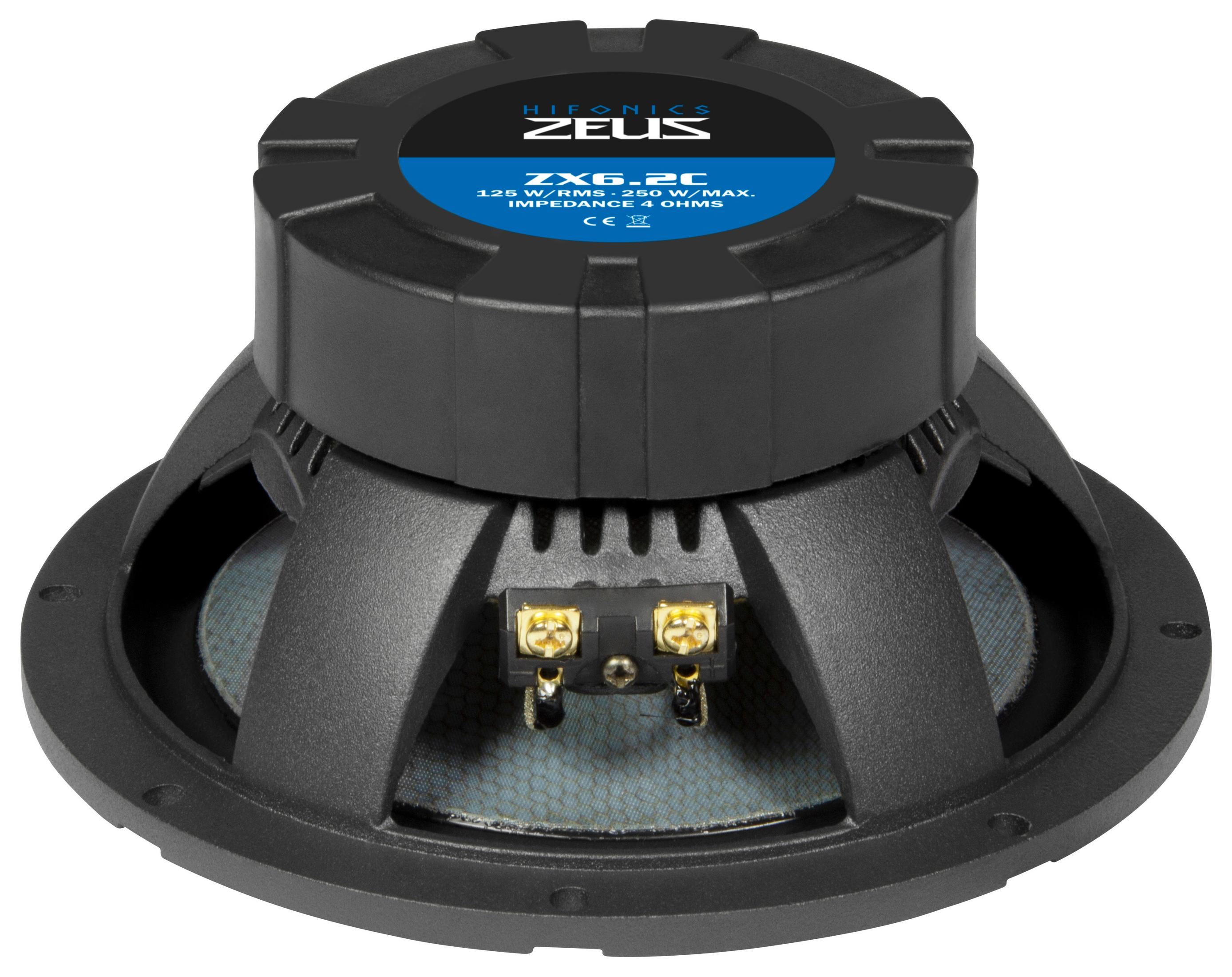 Schwarzer Lautsprecher mit "Hifonics Zeus ZX6.2C" Aufschrift.