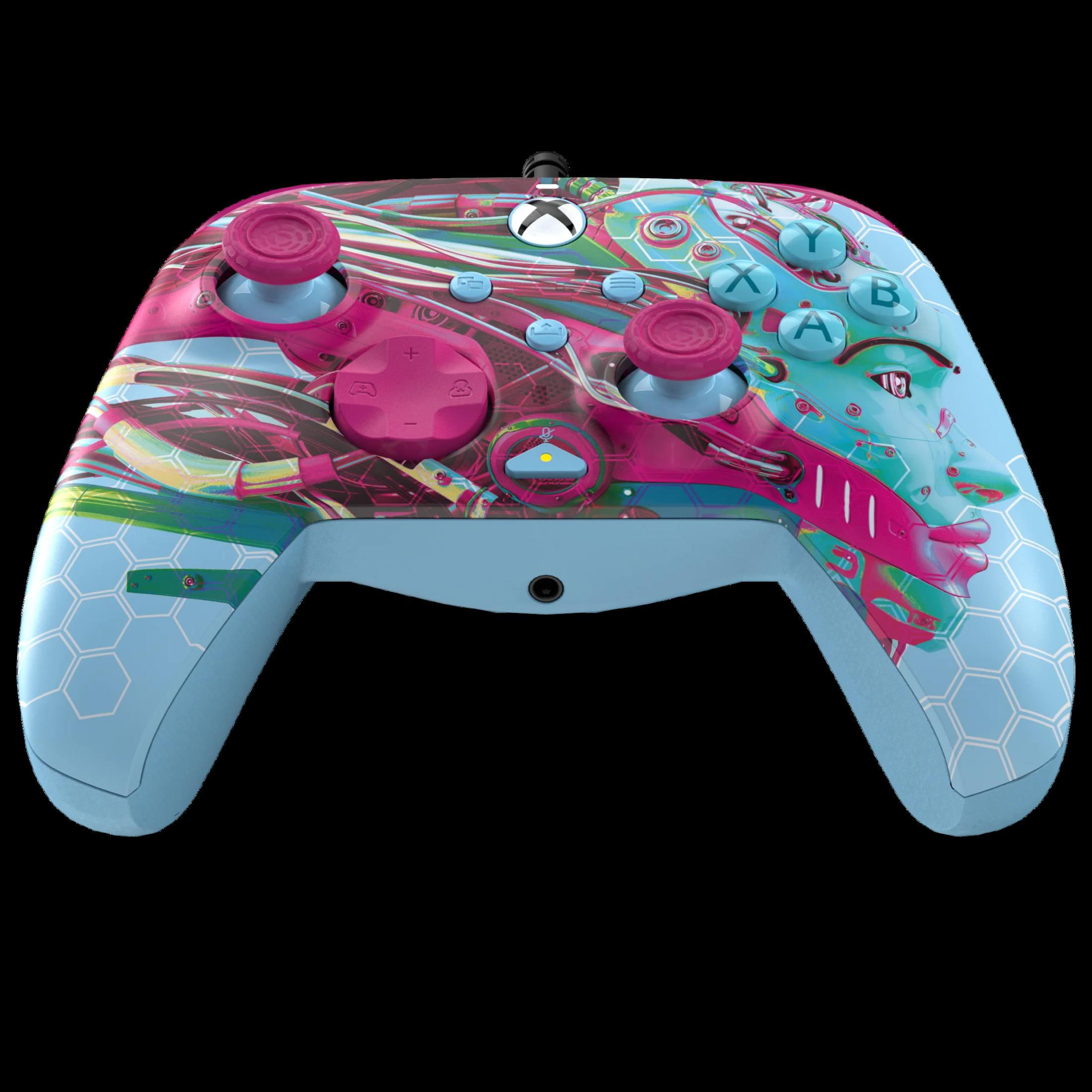 Un controller Xbox blu con design astratto e colorato raffigurante un volto.