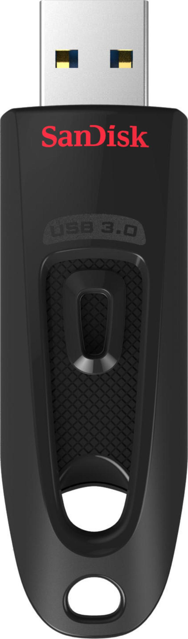 Czarny pendrive SanDisk USB 3.0 ze srebrnym złączem i otworem na brelok.