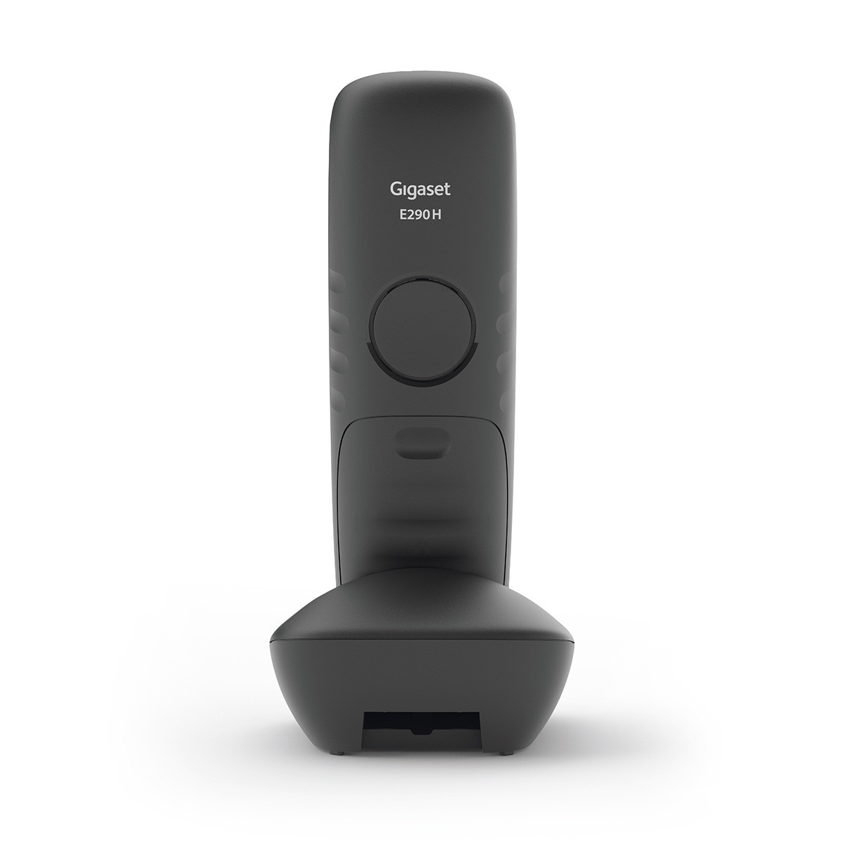 Telefono cordless Gigaset E290 H nero su sfondo bianco. Vista posteriore.