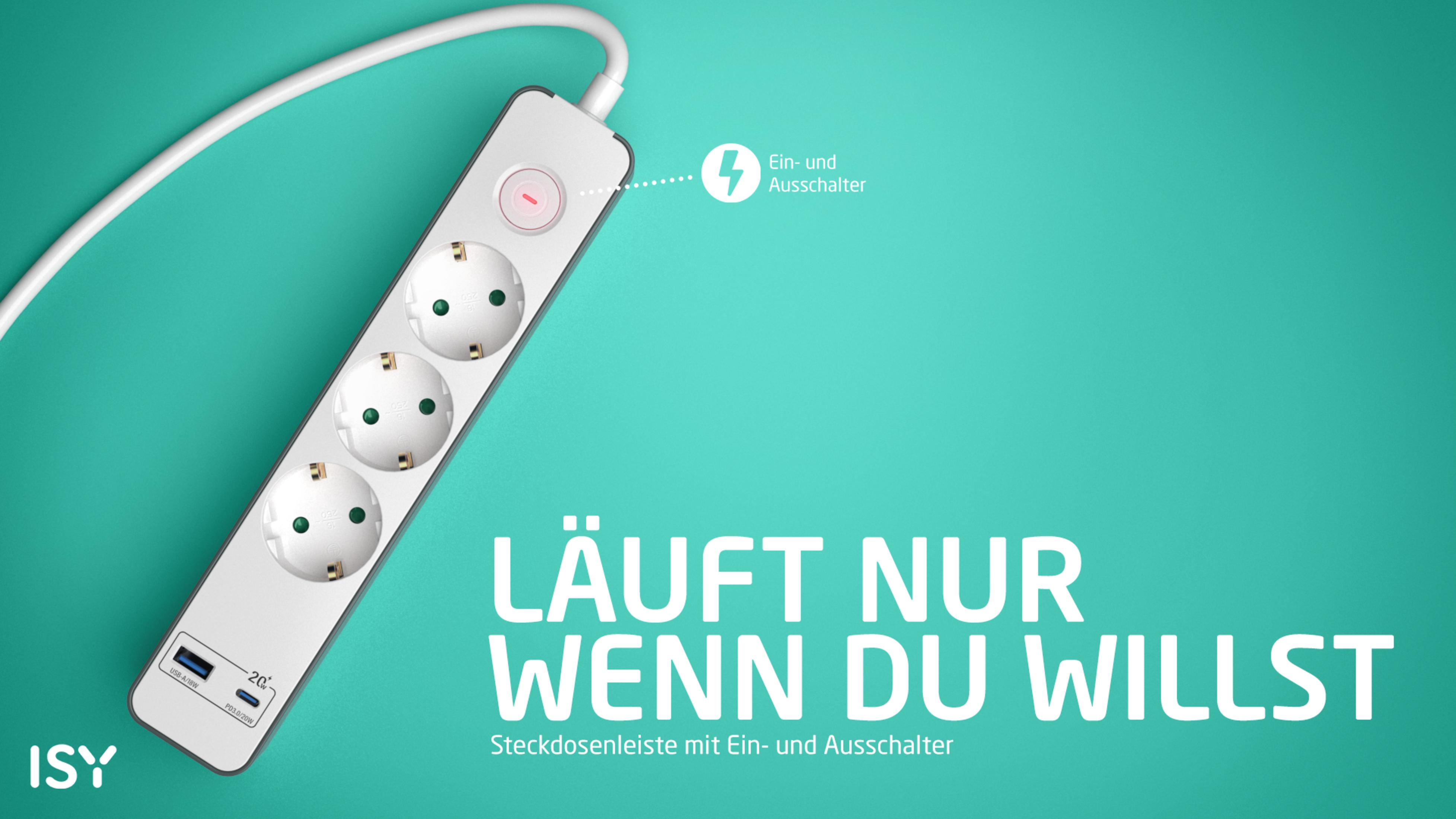 Eine weiße Steckdosenleiste mit drei Anschlüssen, zwei USB-Ports und einem Schalter.