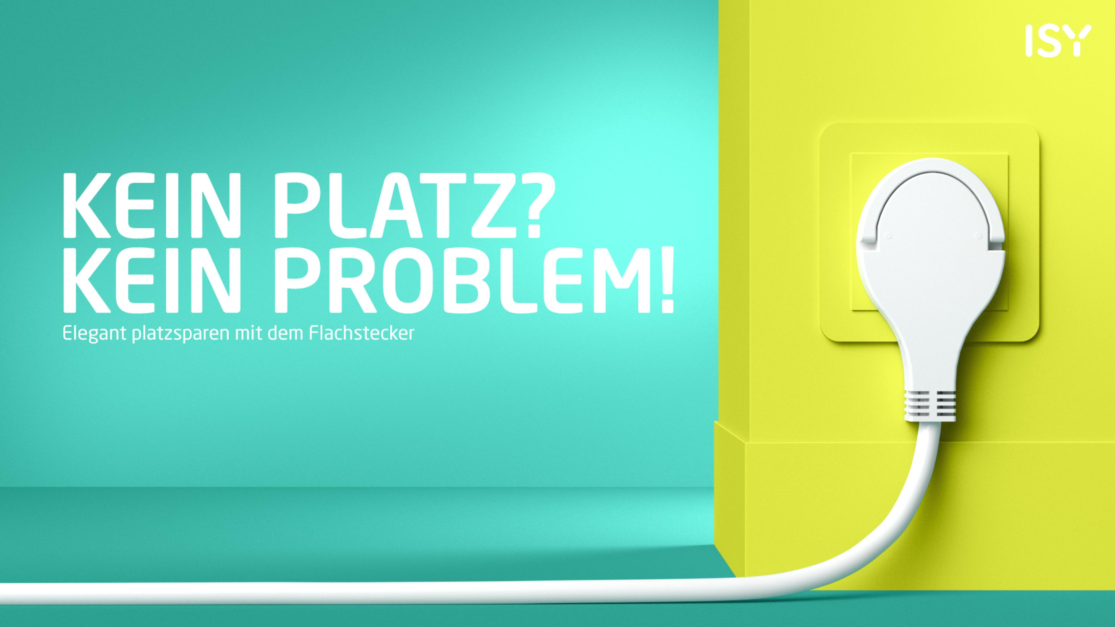 Ein weißer Stecker mit Kabel vor einer gelben Steckdose. Text: KEIN PLATZ? KEIN PROBLEM!