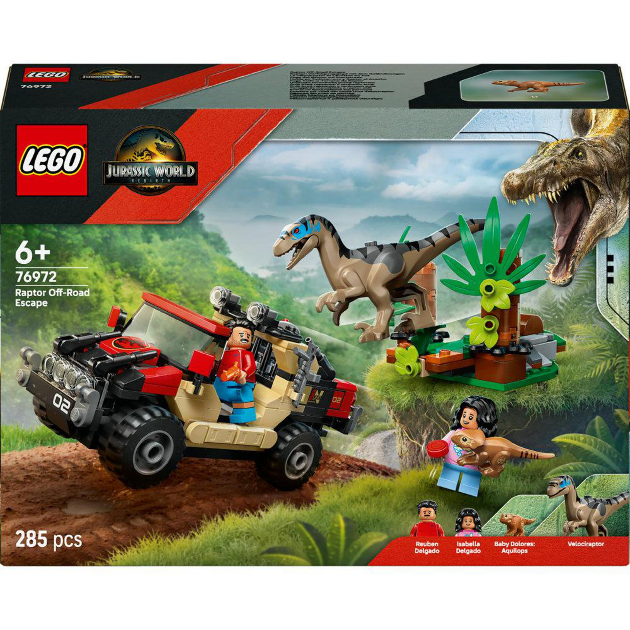 Lego Jurassic World seti, orman sahnesinde cipli, iki raptorlu ve üç figürlü.