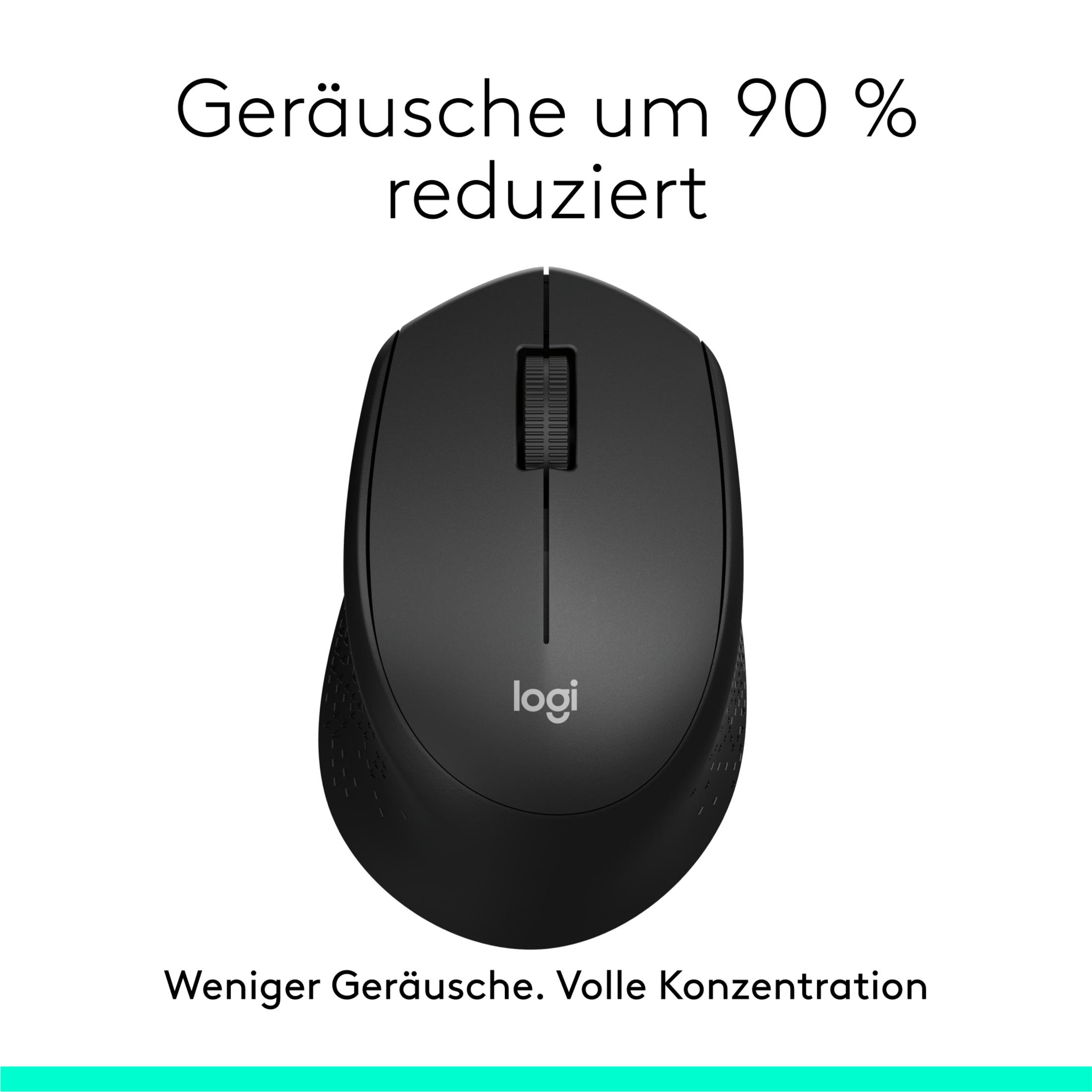 Schwarze Logitech Maus mit Scrollrad. Geräusche um 90 % reduziert.
