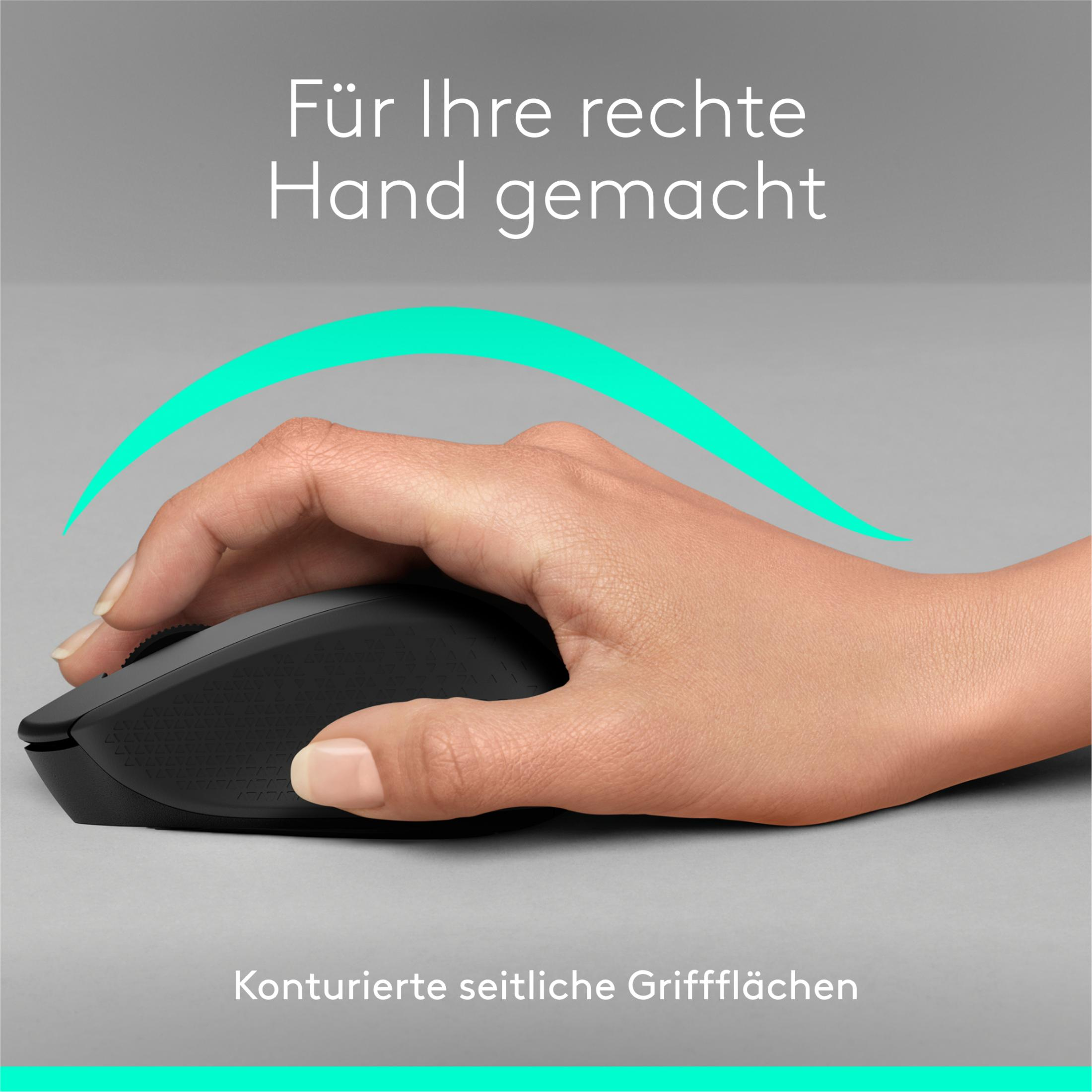 Eine Hand hält eine schwarze Maus. Text: Für Ihre rechte Hand gemacht.