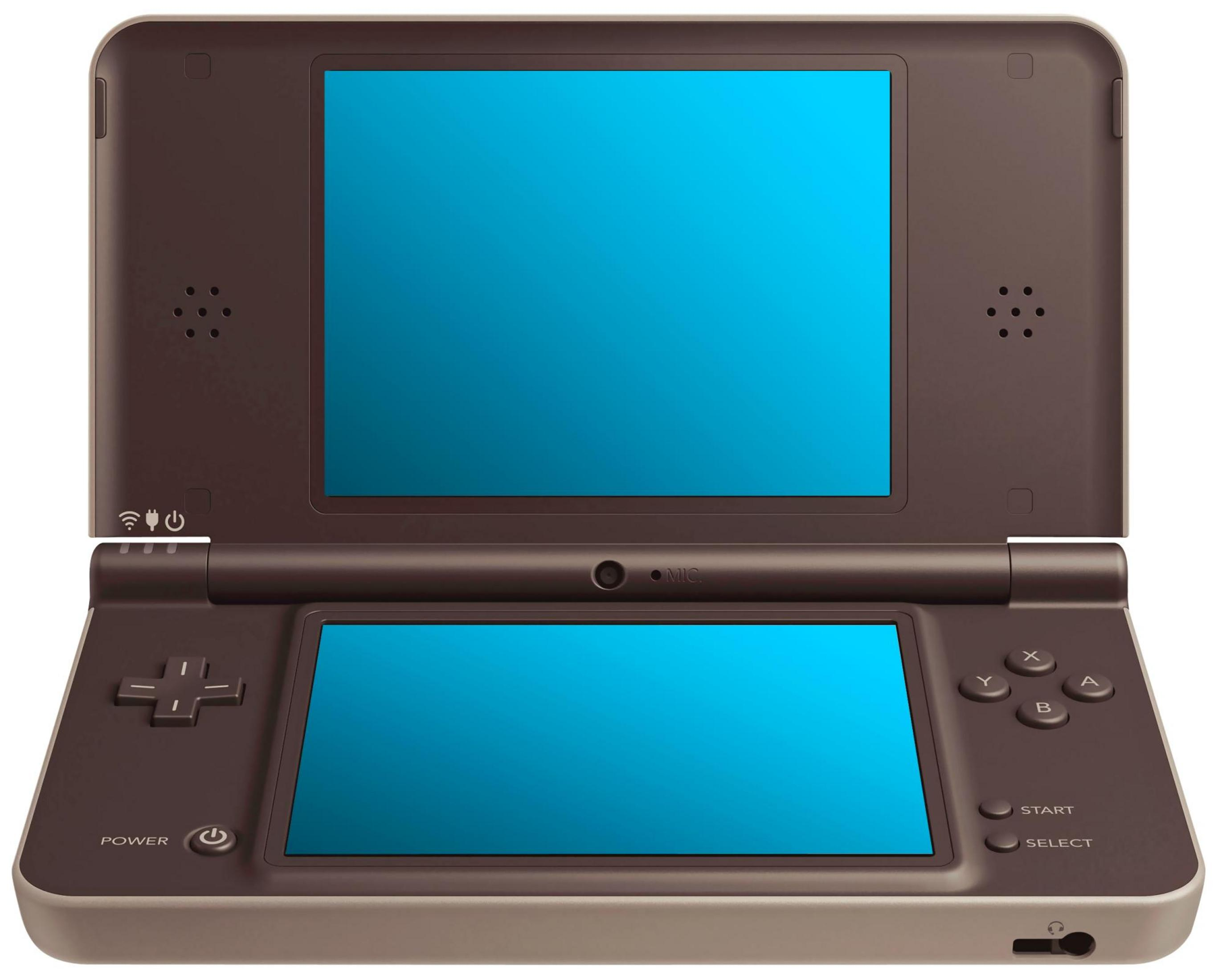 Ein brauner Nintendo DS mit blauen Bildschirmen und Bedienelementen.