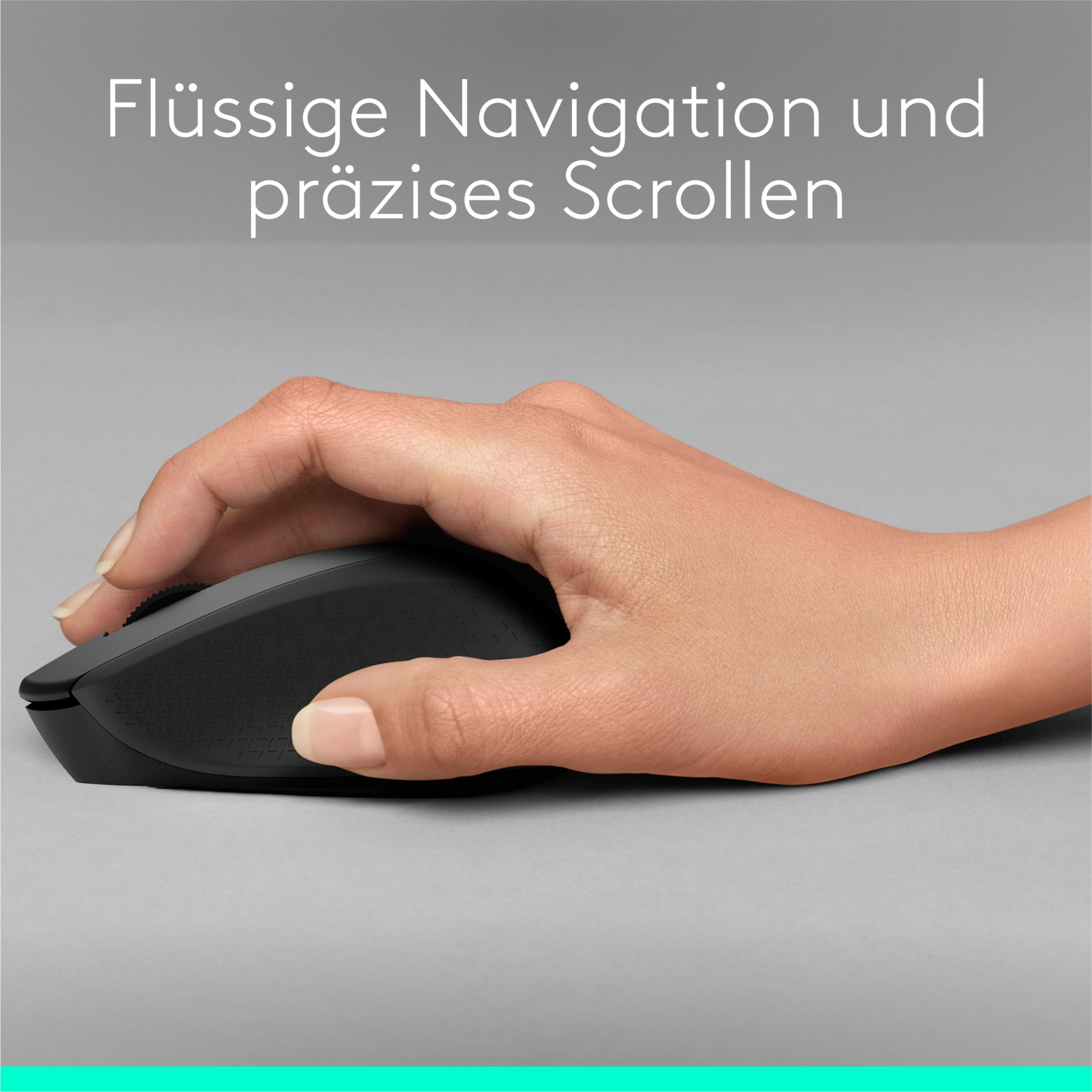 Eine Hand bedient eine schwarze Computermaus auf grauem Untergrund.