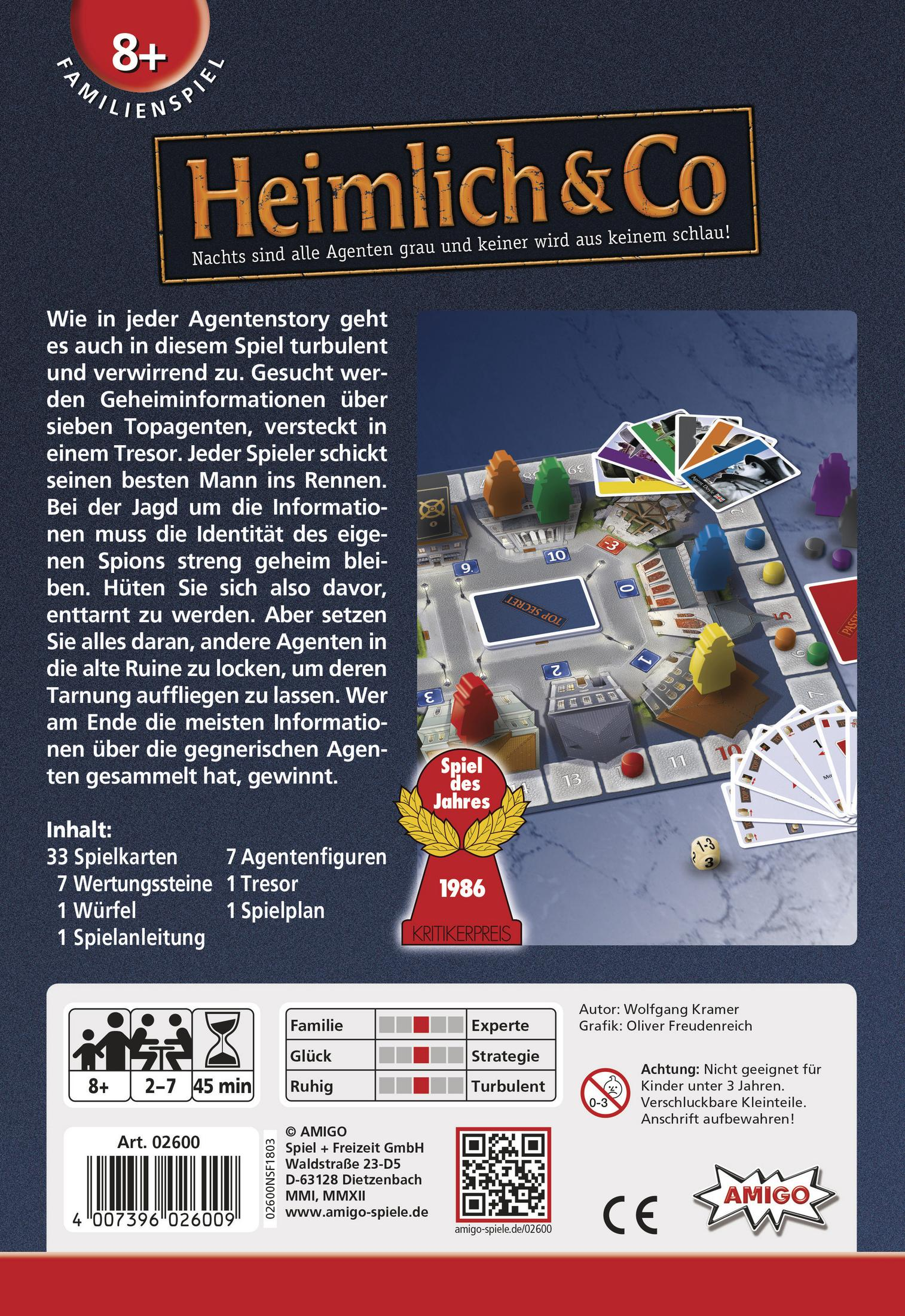 Brettspiel-Verpackung für 'Heimlich & Co' mit Spielbrett, Karten, Agentenfiguren, Würfel und Marken.