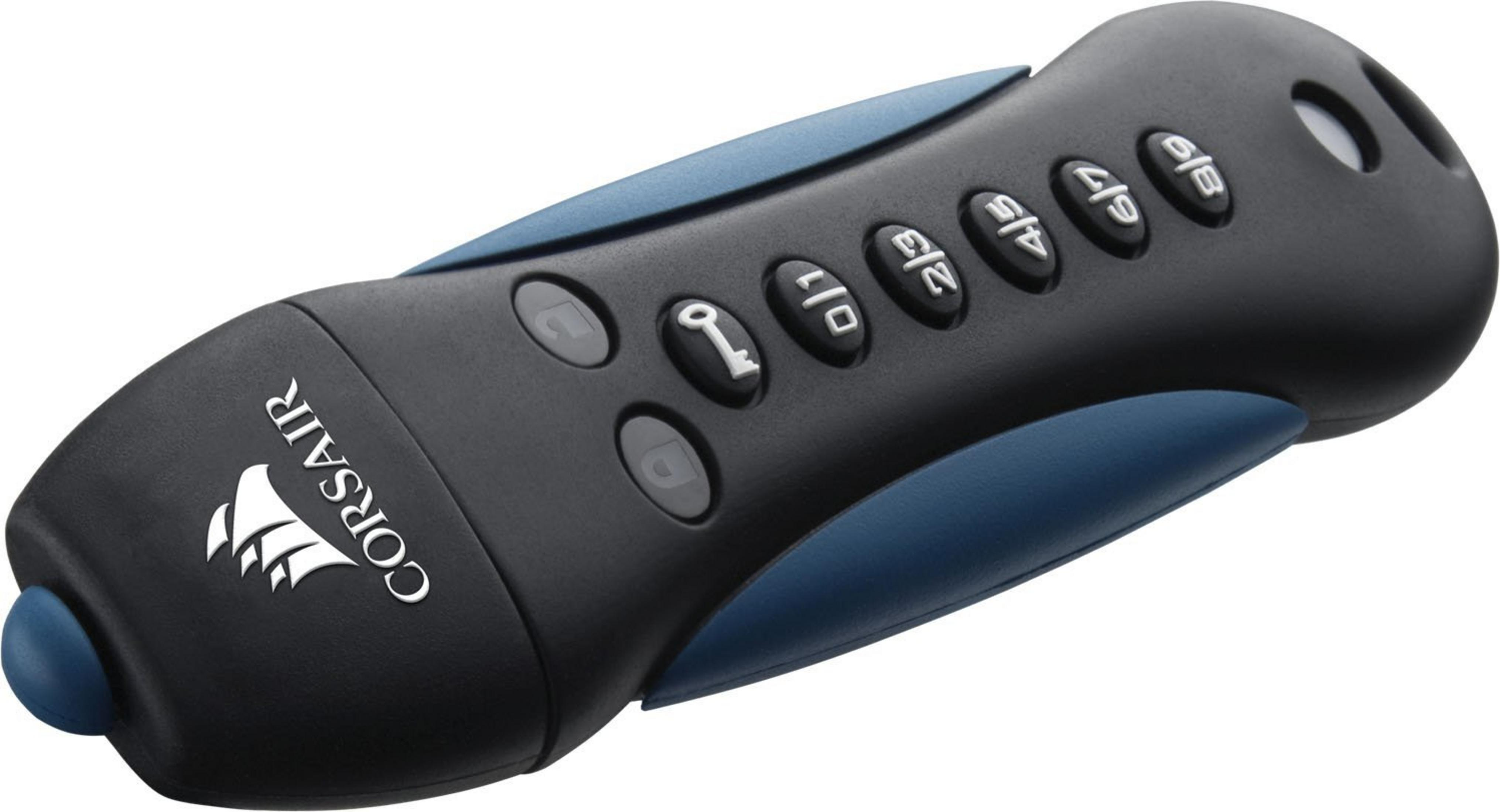 Chiavetta USB nera con accenti blu, pulsanti e un'icona a chiave.