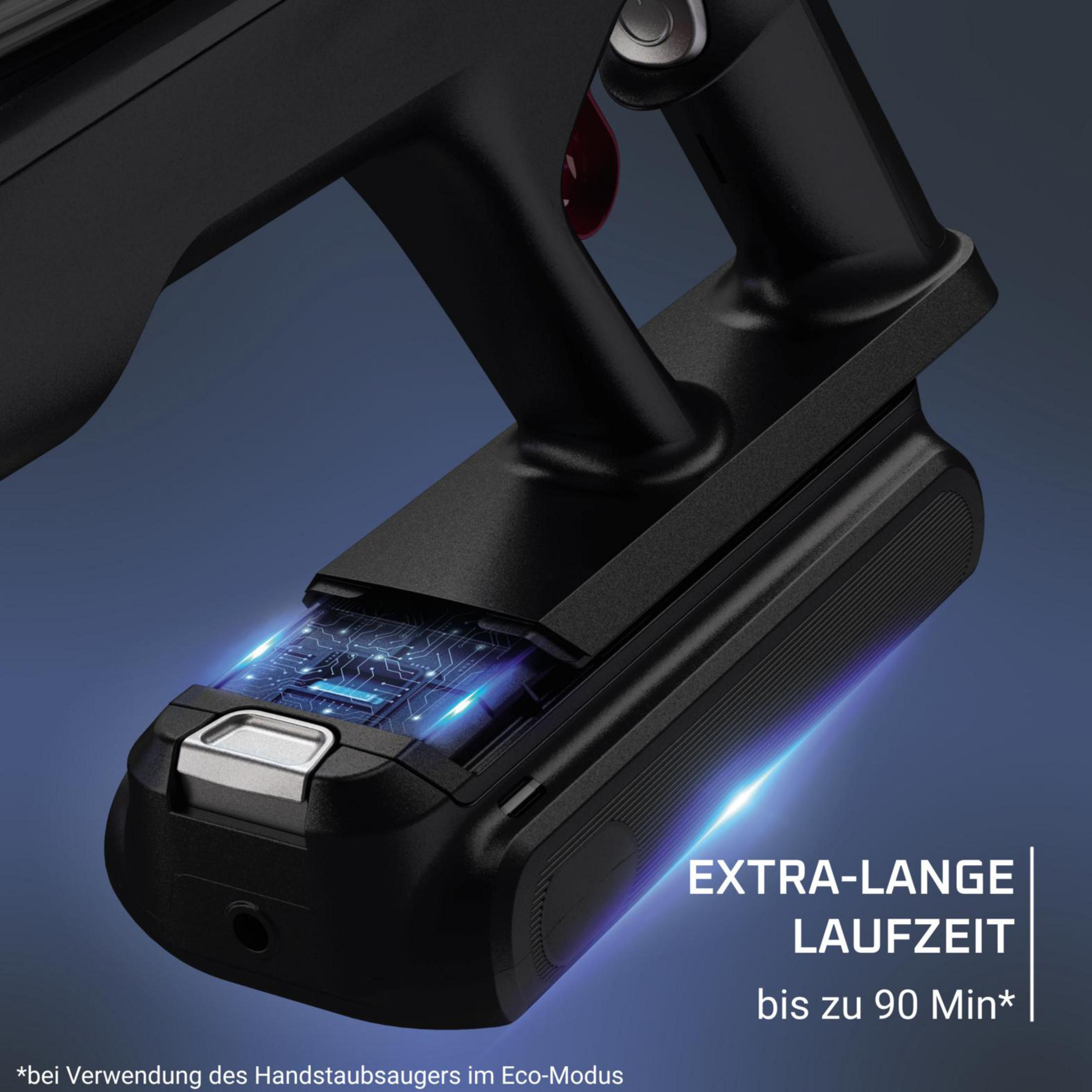 Aspirapolvere nero portatile con circuito stampato blu luminoso e testo.