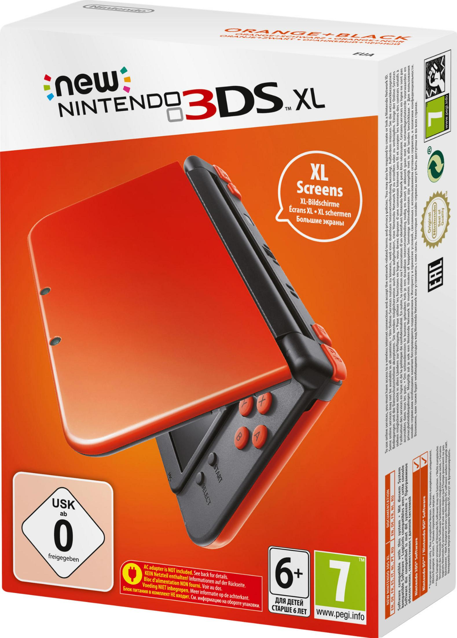 Orange und schwarz New Nintendo 3DS XL Konsole mit geöffnetem Gehäuse.