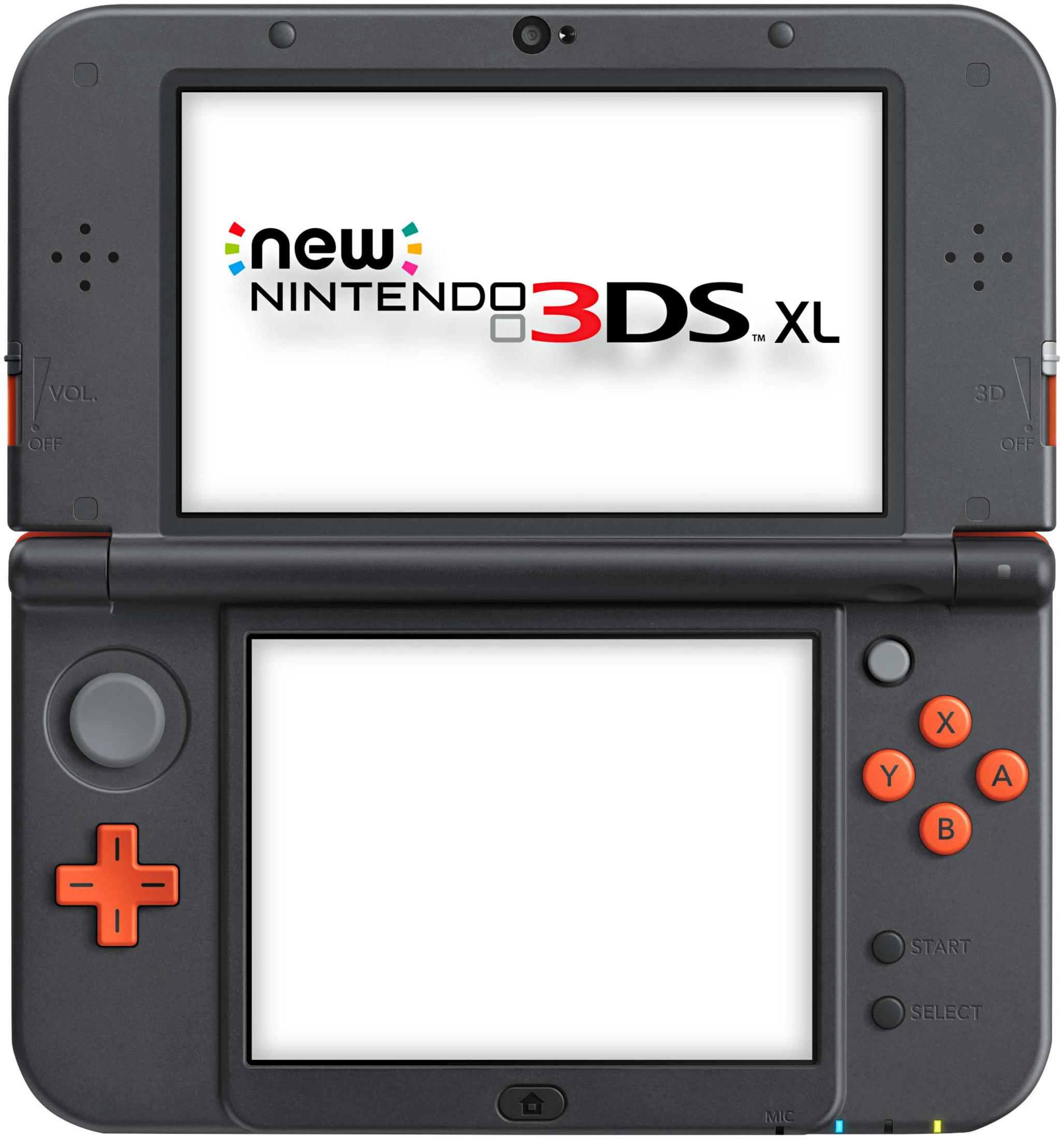 Ein graues Nintendo 3DS XL mit leerem Bildschirm und "new Nintendo 3DS XL"-Logo.