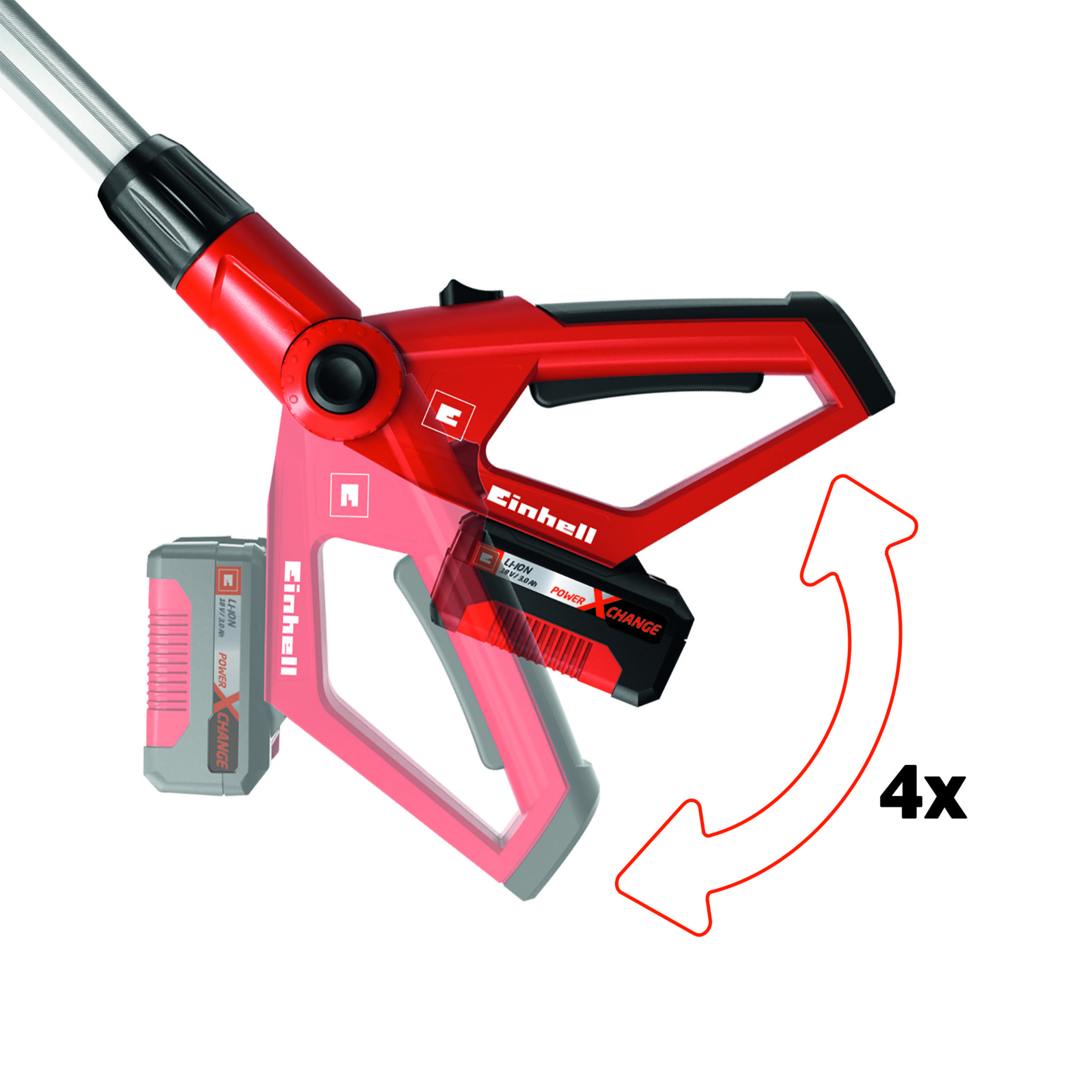 Roter Einhell Akku-Schrauber mit abnehmbarem Akku und Pfeil.
