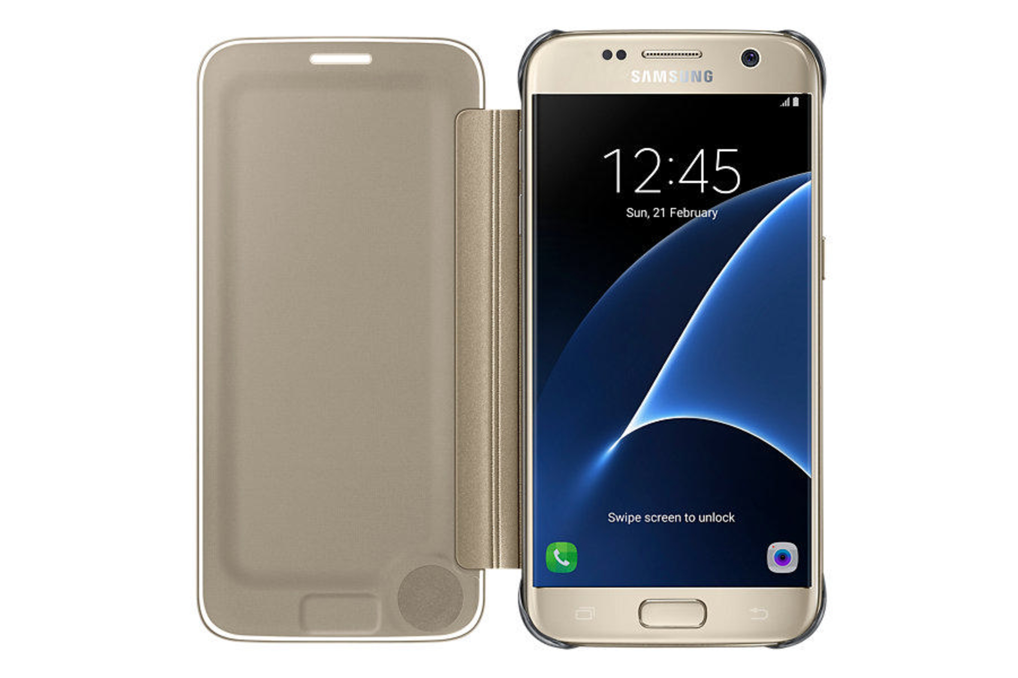 Goldener Samsung Handy-Flipcase mit offenem Smartphone, das 12:45 Uhr anzeigt.