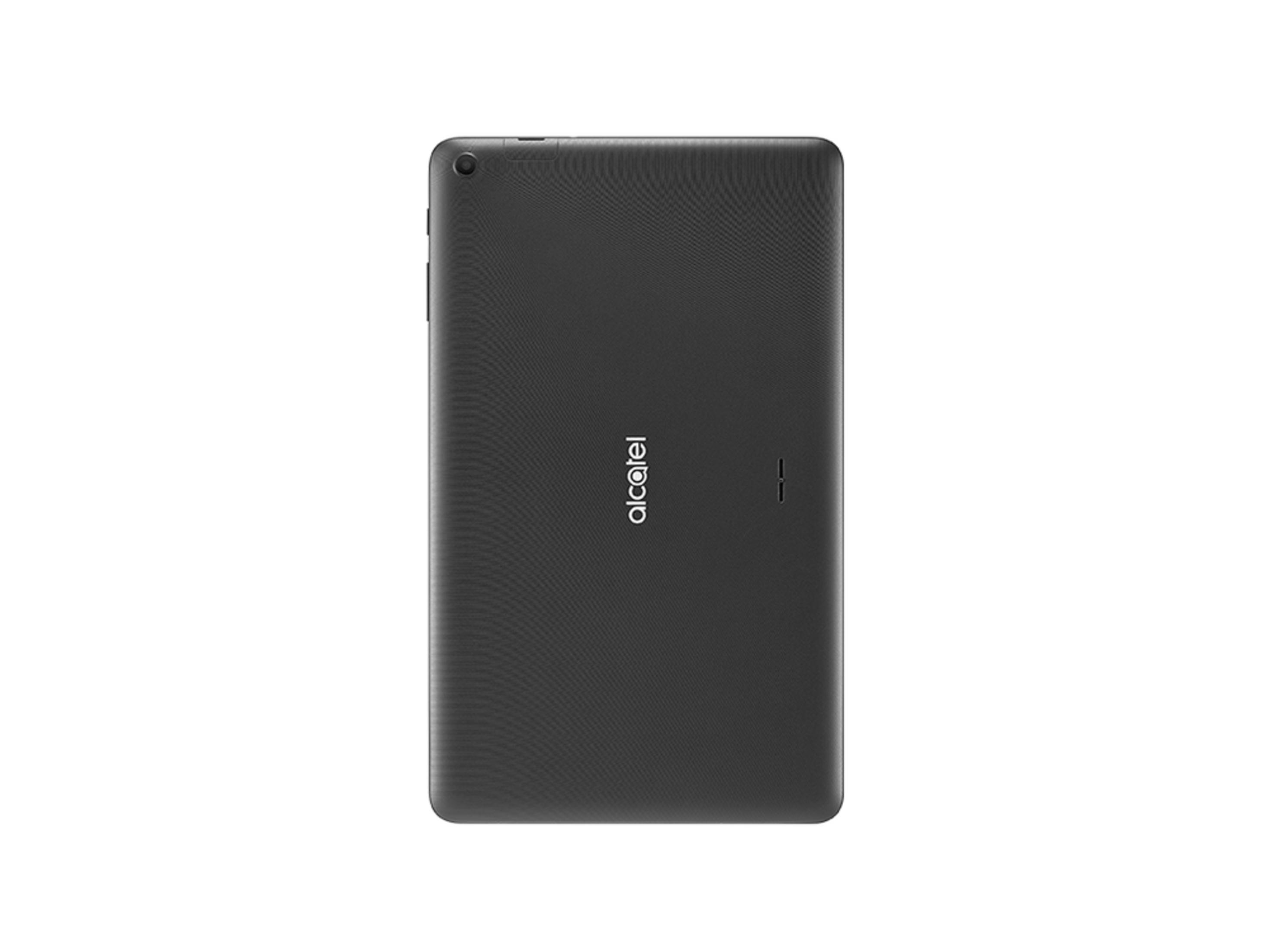 Retro di un tablet Alcatel nero con motivo testurizzato.