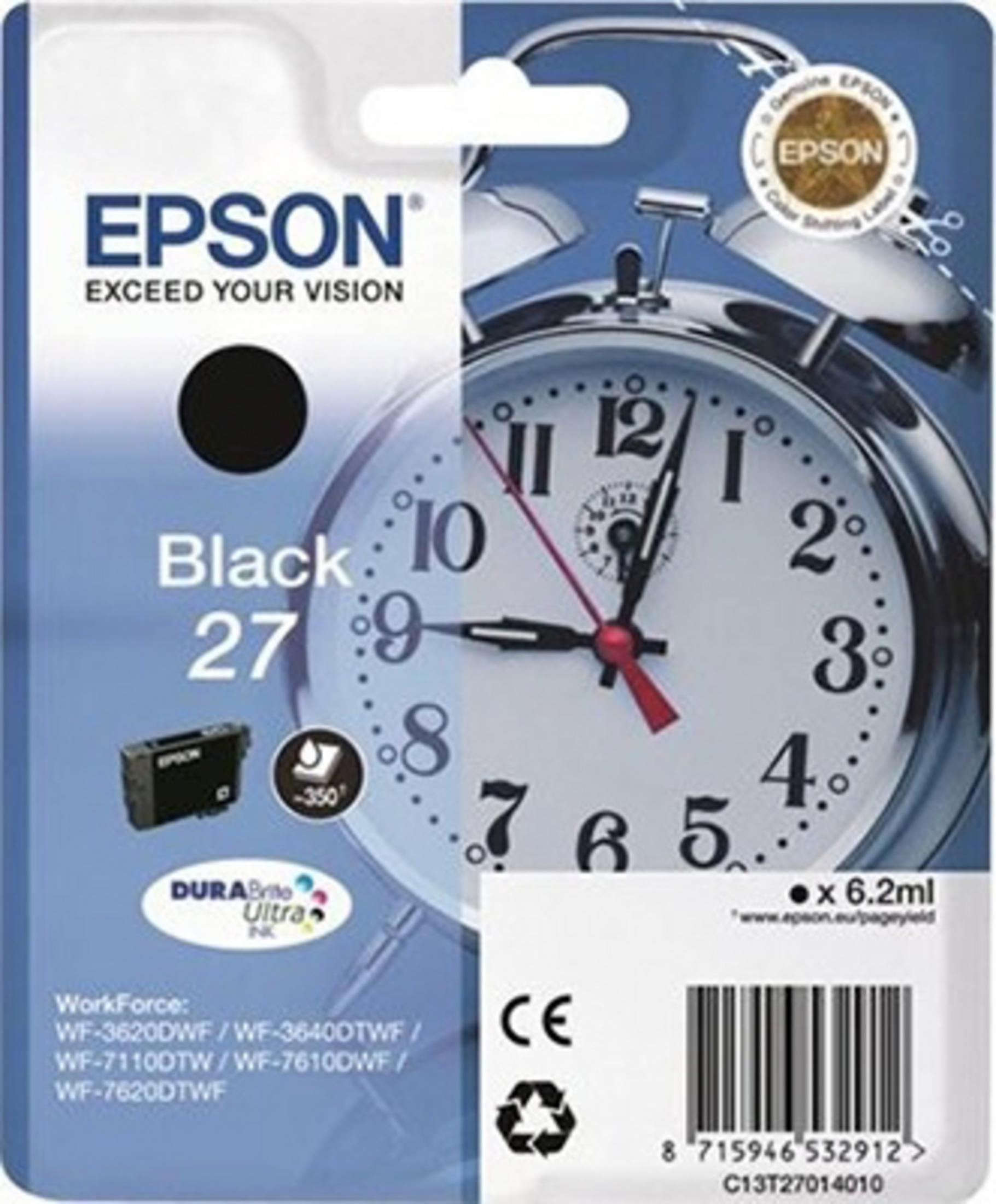 Cartucho de tinta negra Epson 27, 6,2ml, con gráfico de despertador.