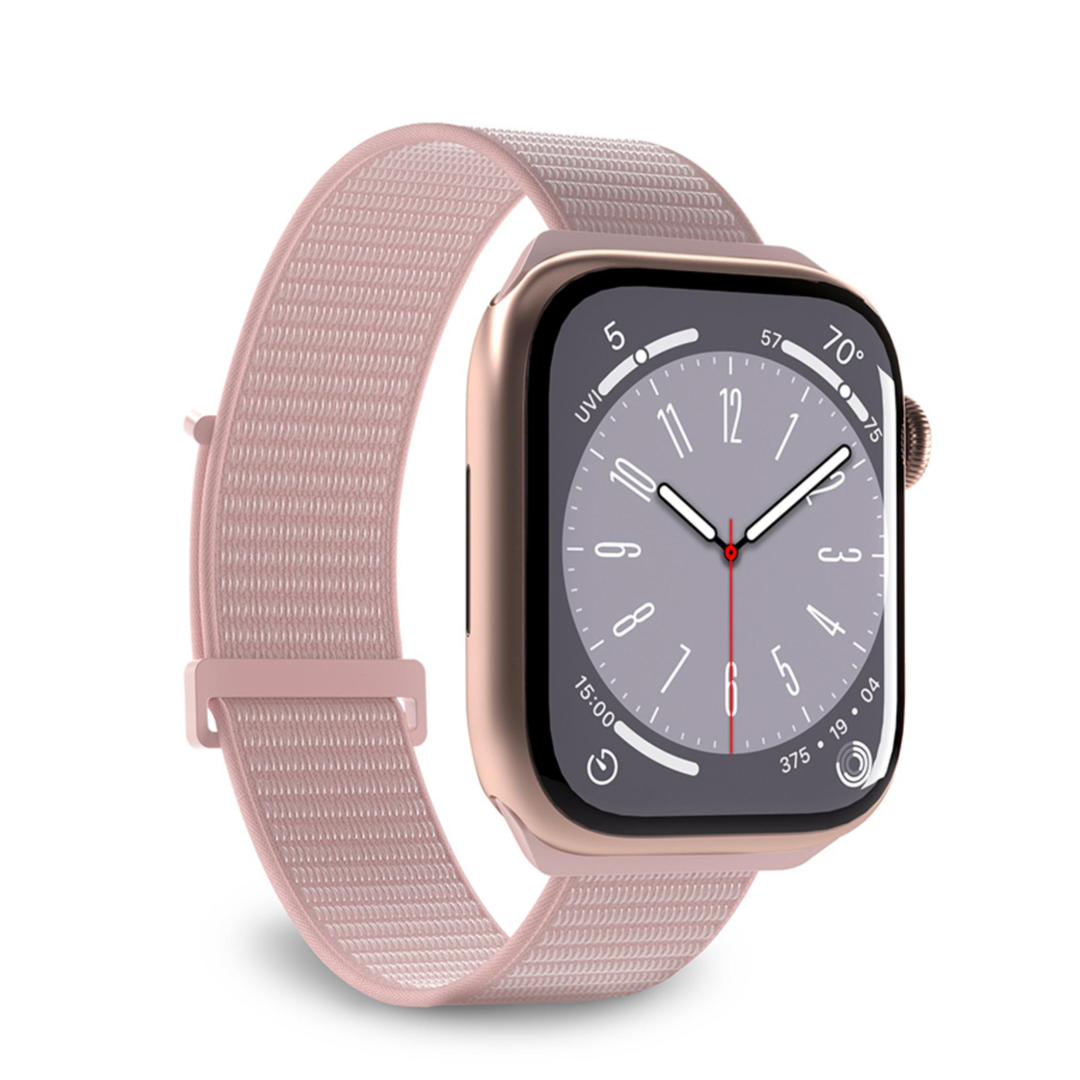 Uno smartwatch color oro rosa con cinturino in tessuto rosa su sfondo bianco.