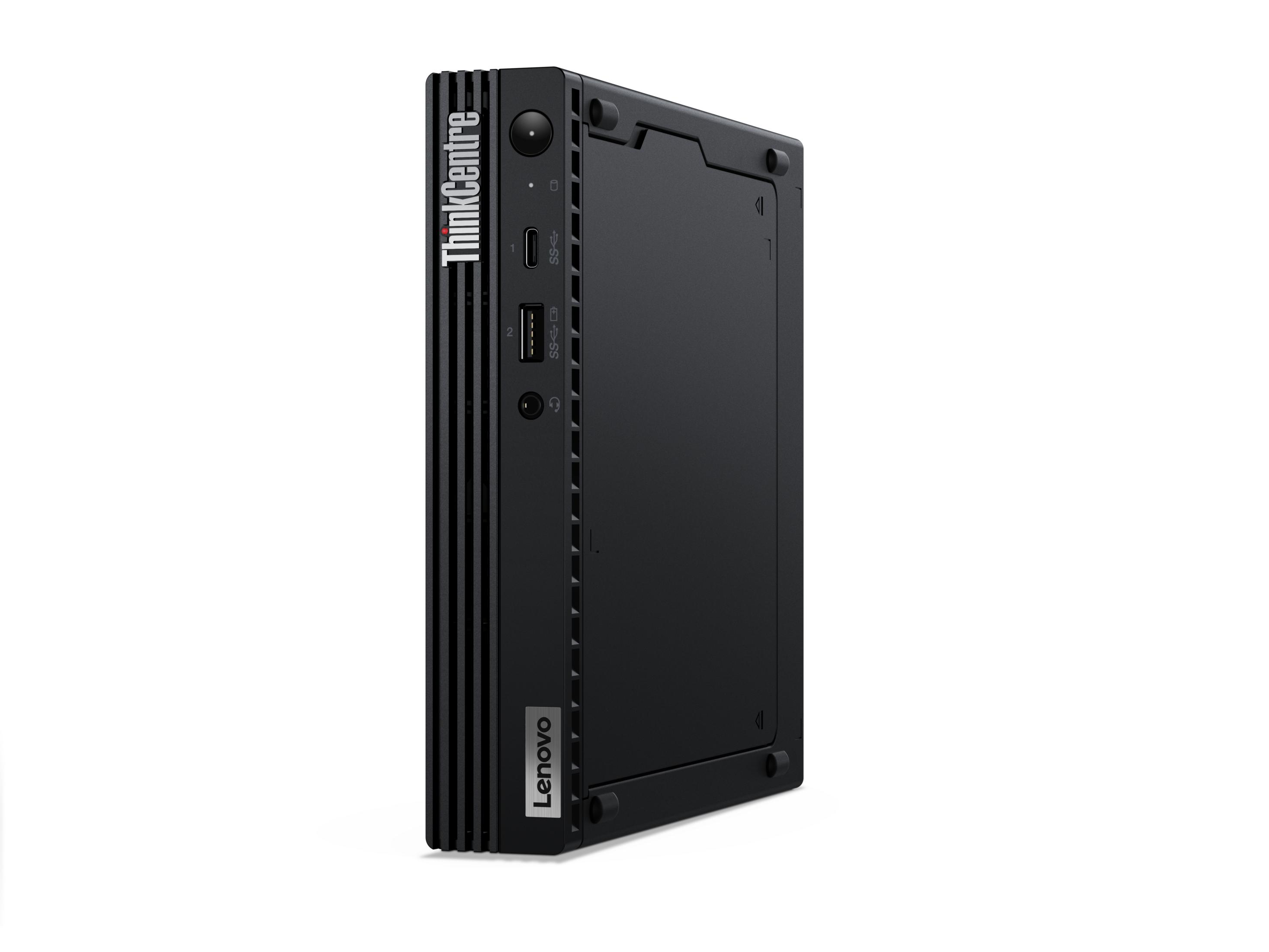 Ein schwarzer Lenovo ThinkCentre Mini-PC mit Anschlüssen und Belüftungsschlitzen.