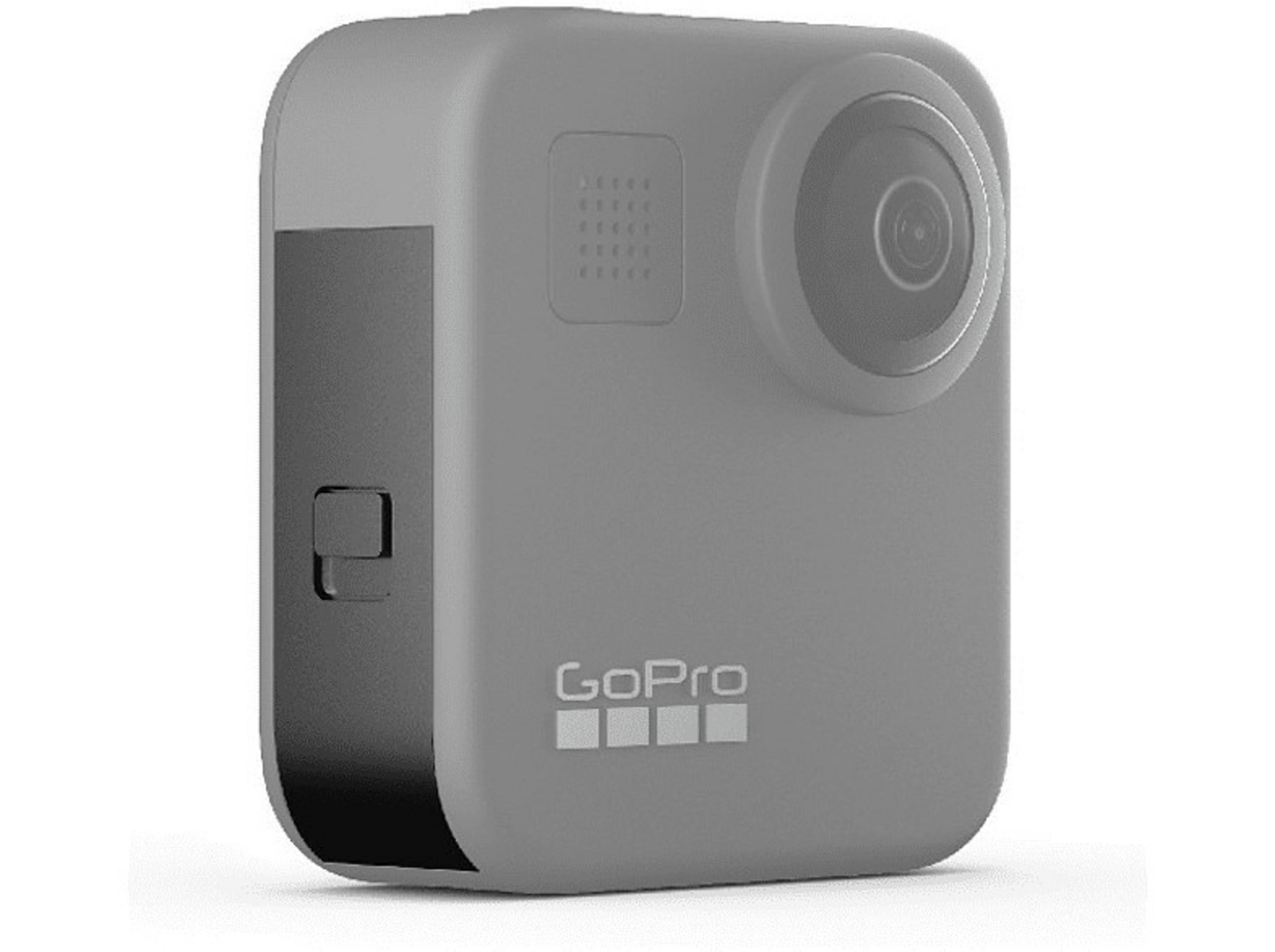 Fotocamera grigia a 360 gradi con logo GoPro e una lente.