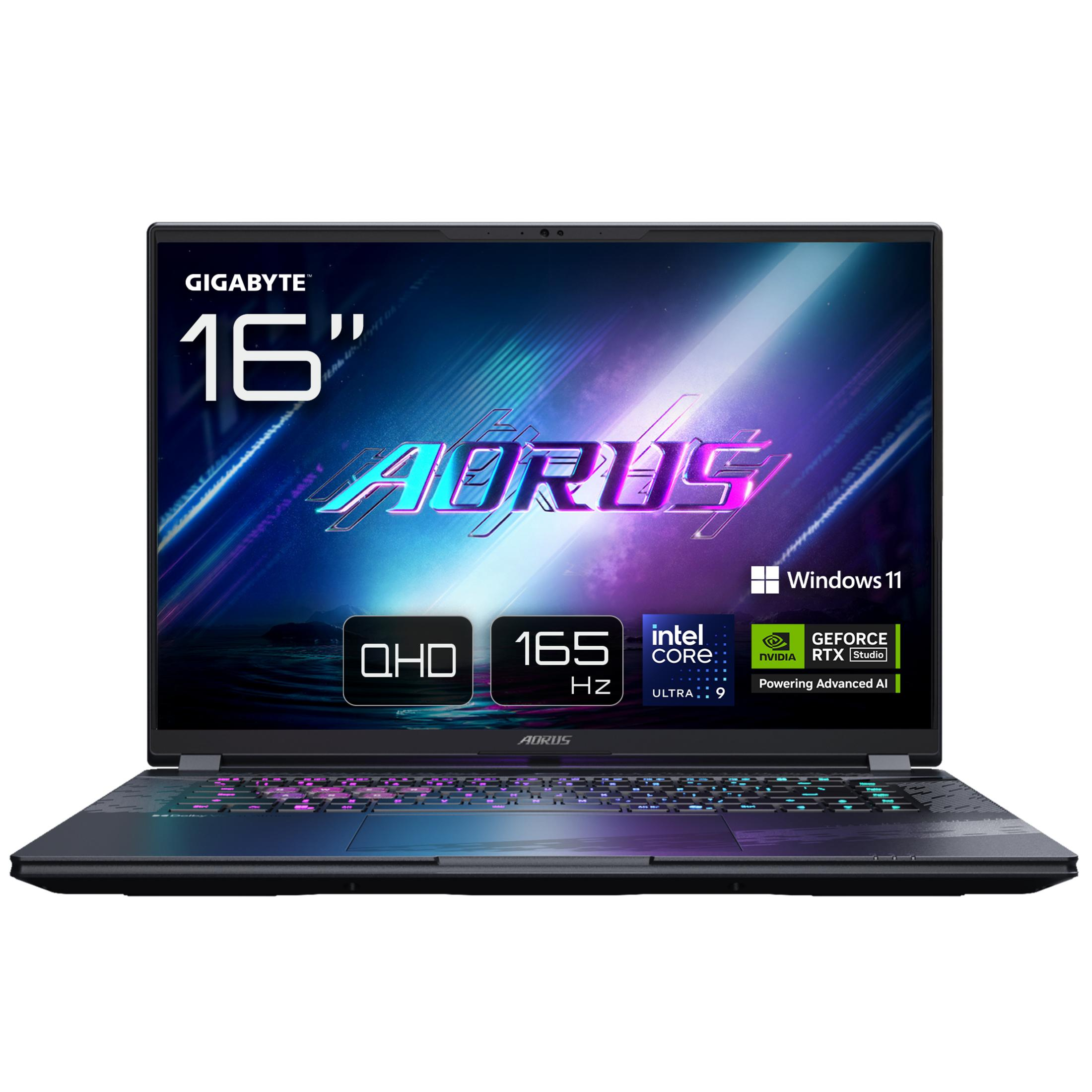 Ein schwarzer Gigabyte Aorus Laptop mit beleuchteter Tastatur und QHD-Display.