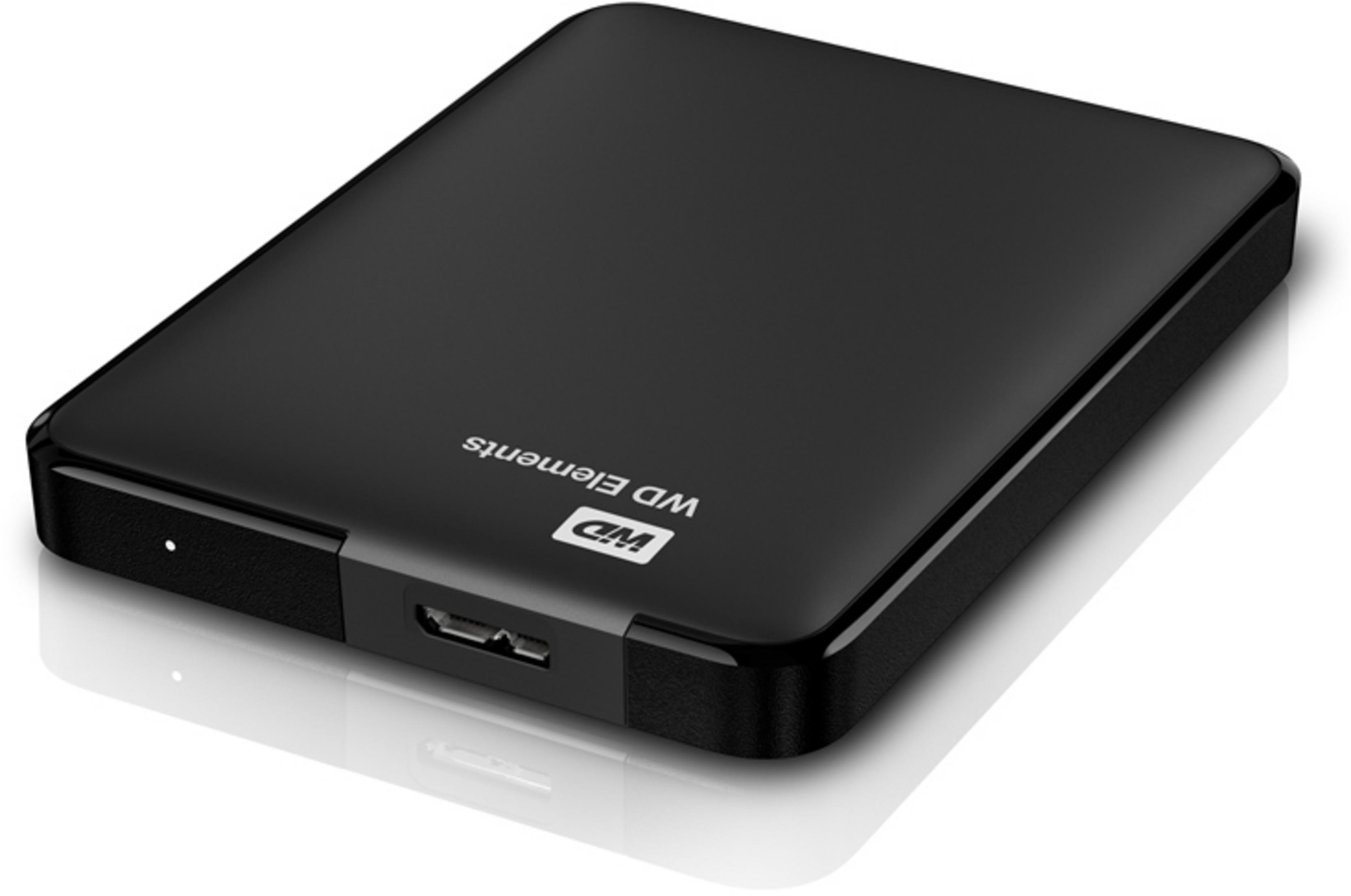 Un hard disk esterno WD nero con porta USB e una piccola luce LED bianca.