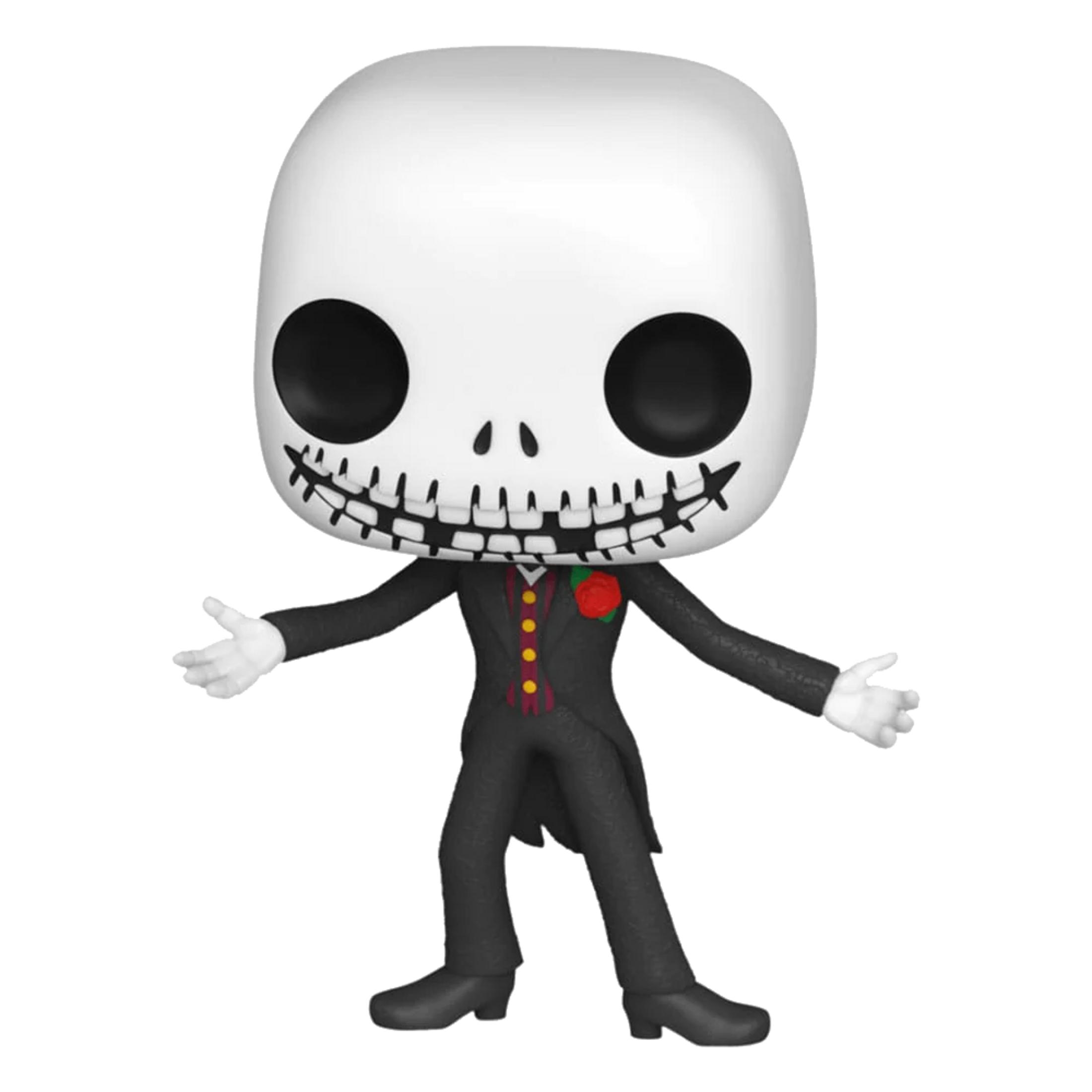 Una figurella Funko Pop di Jack Skellington in abito nero con rosa rossa.