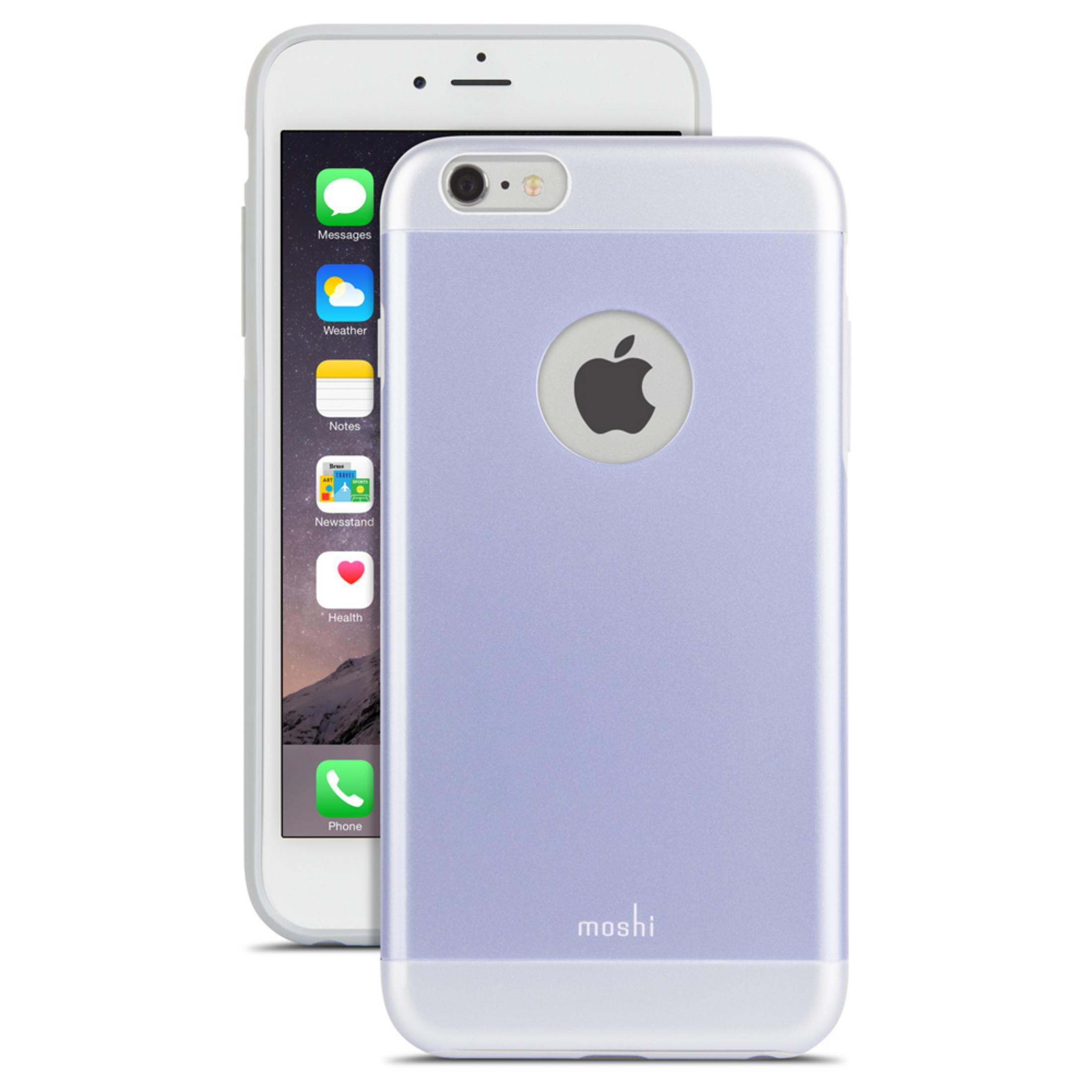 Una custodia viola per iPhone con logo Apple e un iPhone con app.