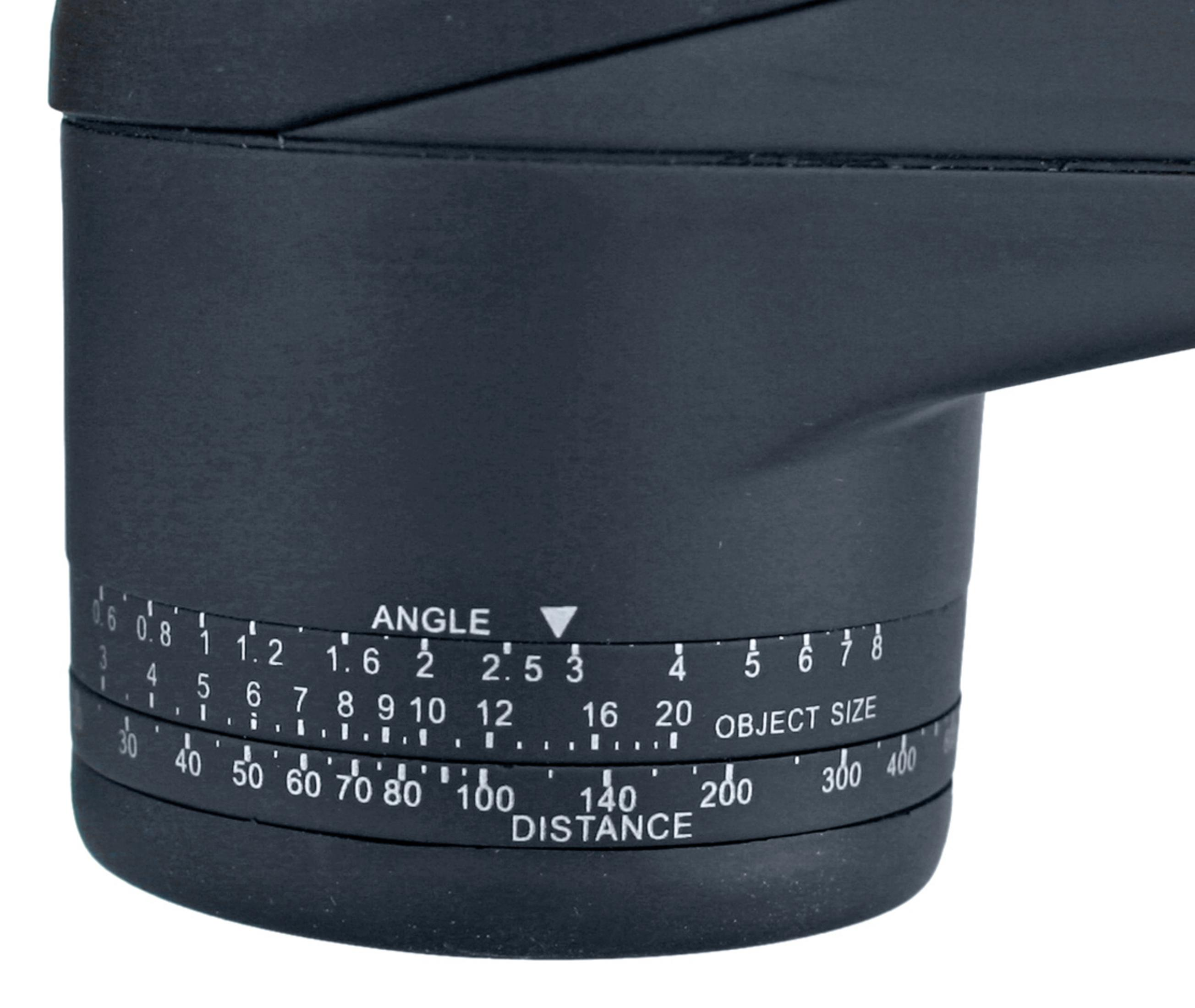 Adaptador negro con escalas para ángulo, tamaño de objeto y distancia.