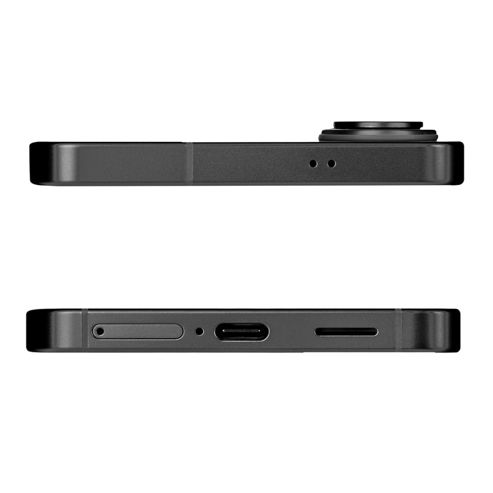 Draufsicht und Unteransicht eines schwarzen Smartphones mit USB-C-Anschluss.