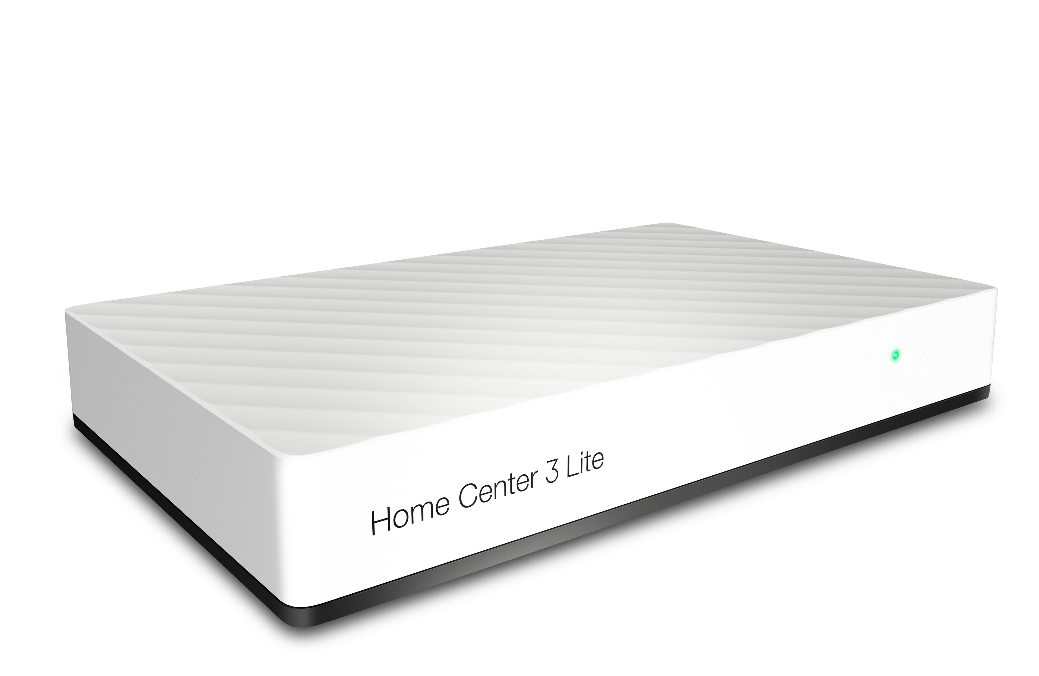 Ein weißes Home Center 3 Lite Gerät mit gerillter Oberfläche und grünem Licht.