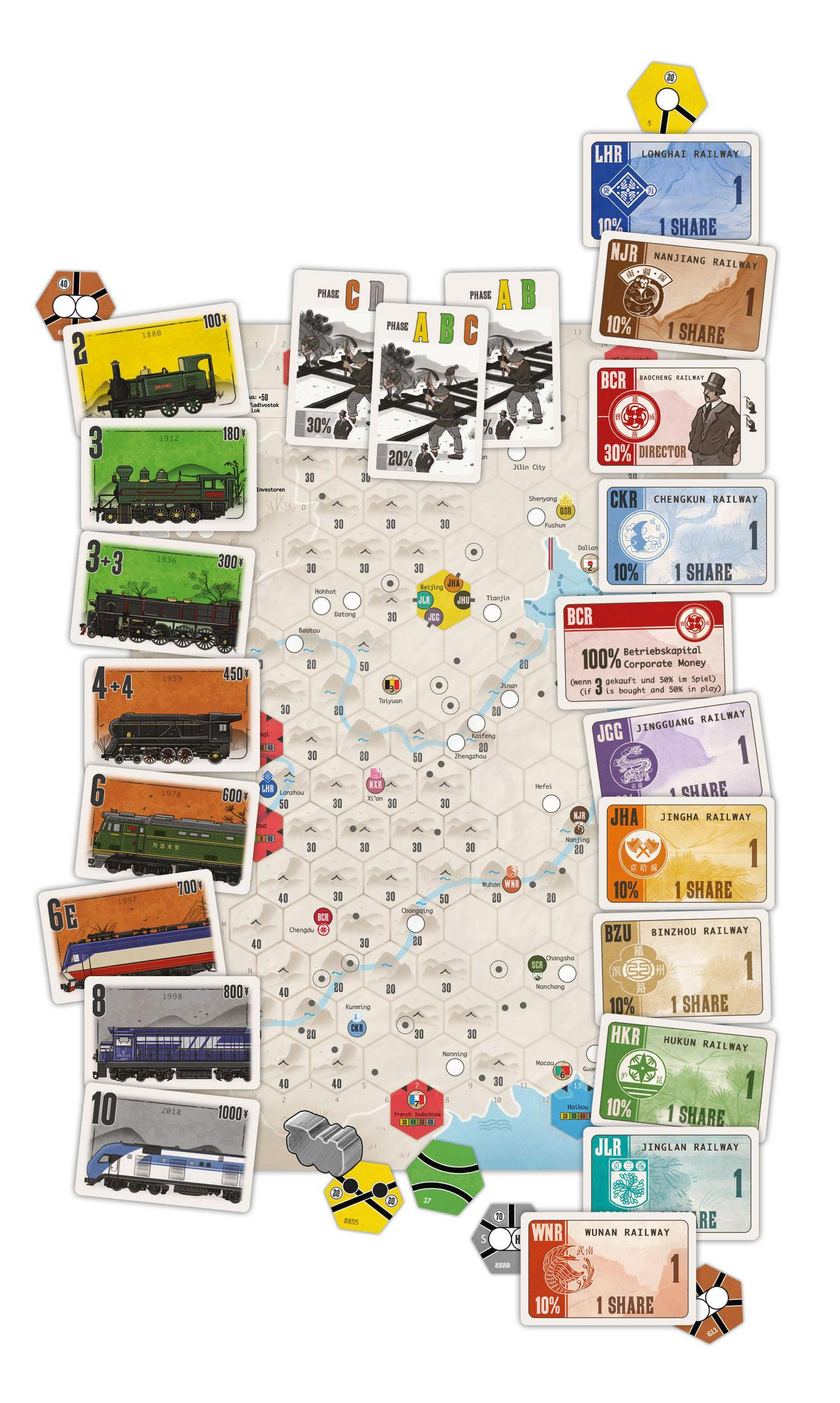 Spielbrett mit Zügen und Aktienkarten. Züge verschiedener Epochen und Eisenbahnunternehmen.