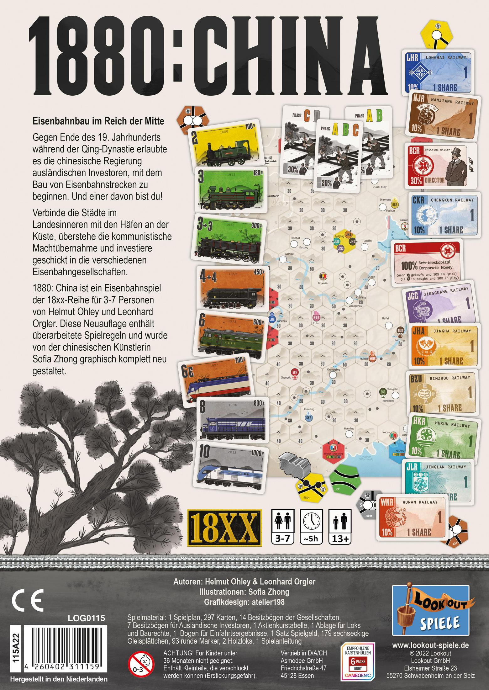 Brettspiel "1880: China" mit Zügen, Aktien und Karte. Autoren: Ohley & Orgler.
